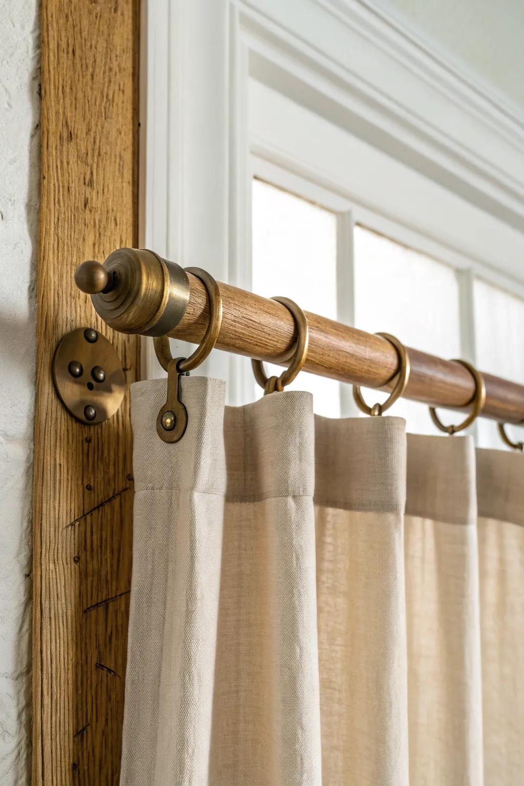 Reclaimed wood curtain rod with a hand-rubbed matte finish—boho warmth, minimalist contrast.