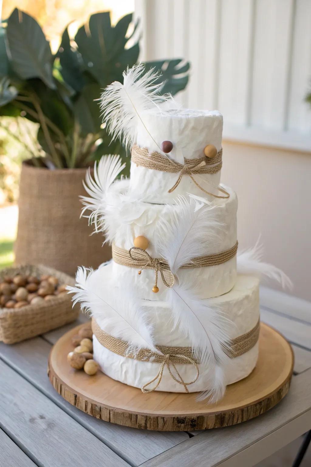 Whimsy meets simplicity: A boho diaper cake with feathered accents.
