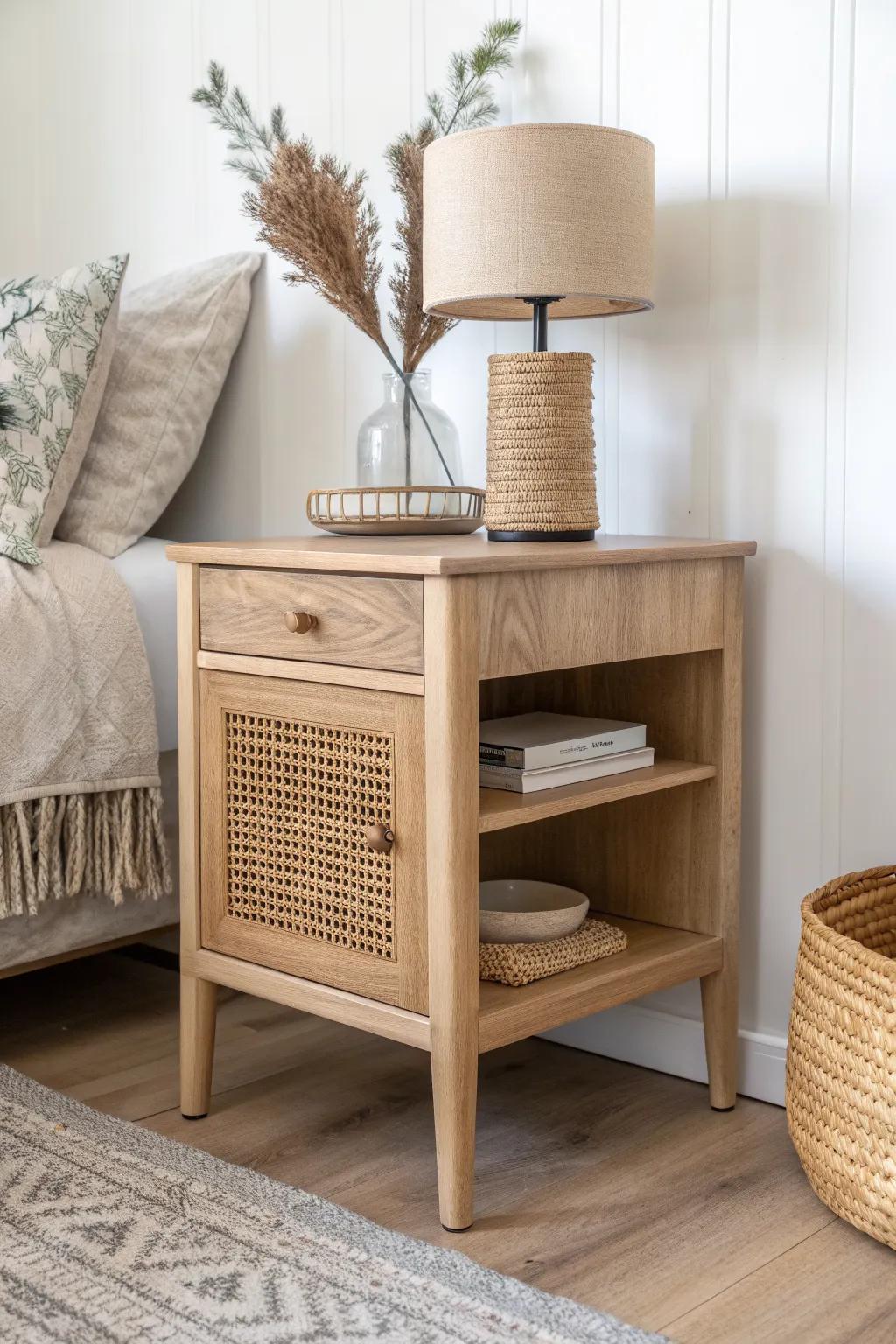 Light oak nightstand with a woven rattan door and open shelf—boho texture, tidy storage.