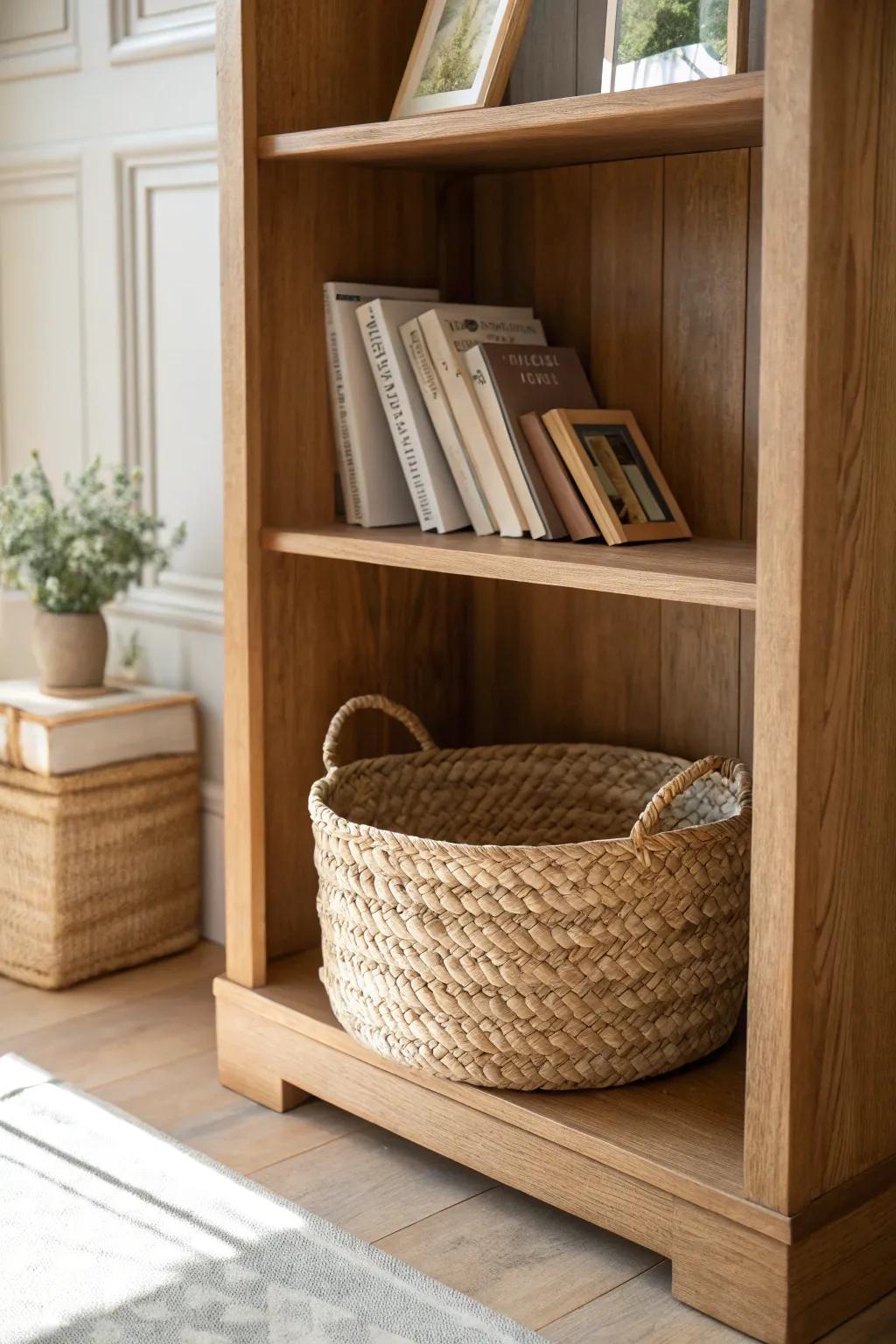 Anchor lower shelves with a woven basket—hide clutter, add texture, and balance the look.