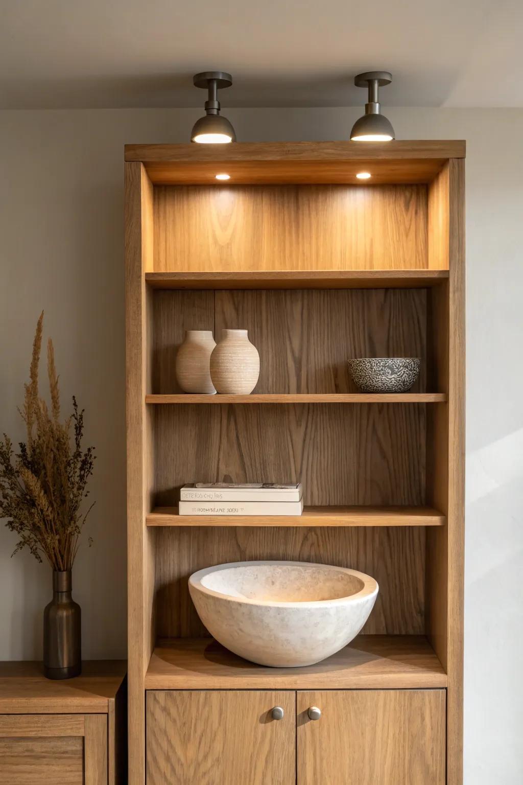 Top-shelf puck lights create a calm gallery spotlight for one beautiful statement piece.