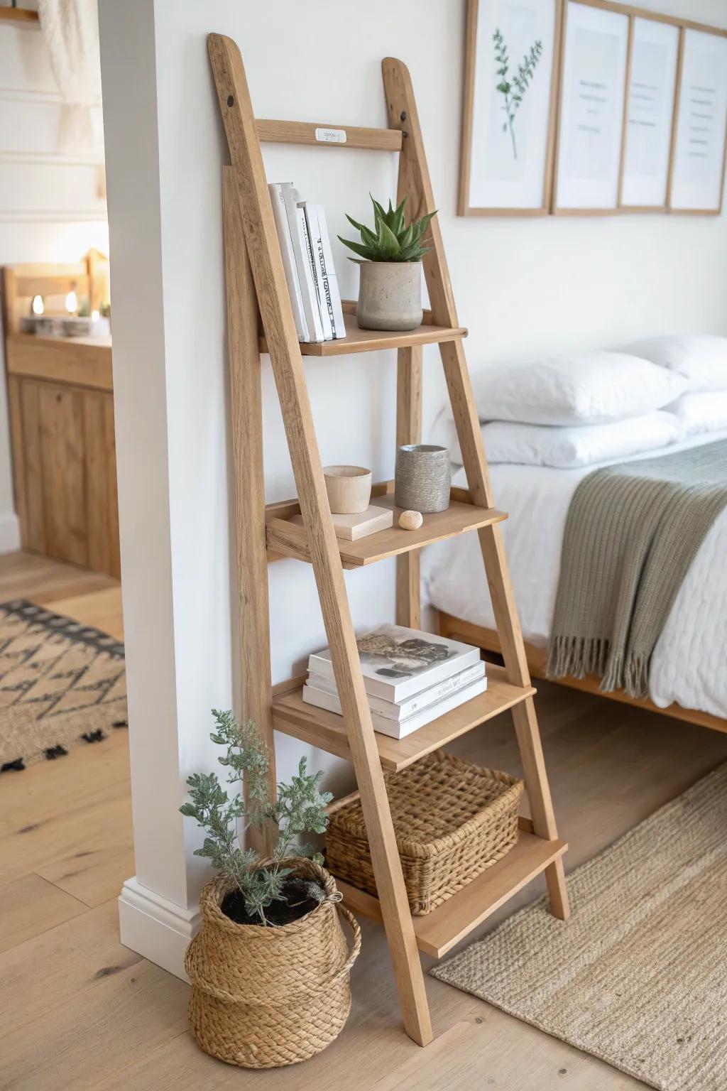 A light oak corner ladder shelf that keeps bedroom books airy, with plants and soft basket storage.