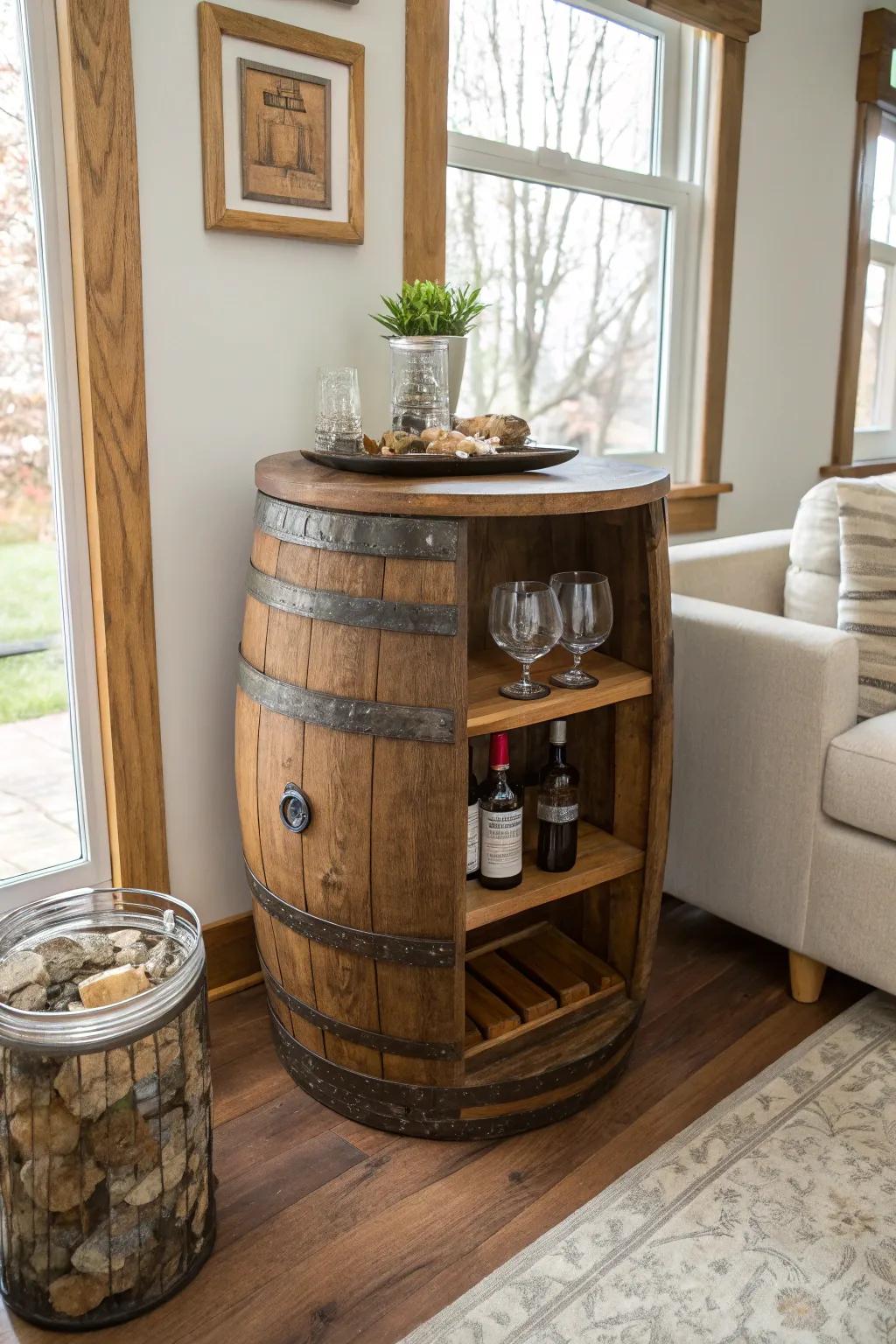 A cozy corner bourbon barrel bar nook—minimal shelves, warm wood, and soft boho styling.