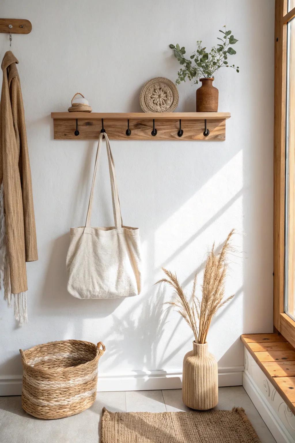 Boutique-style peg rail shelf: clean oak, simple hooks, and a soft boho touch.