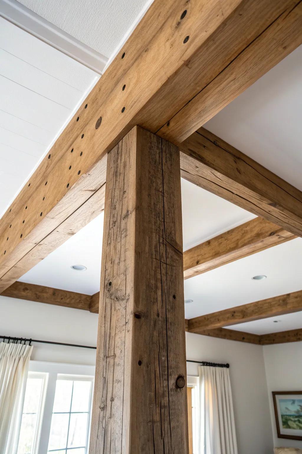 Reclaimed character beam: knots, nail holes, and warm patina for a cozy box-beam ceiling.
