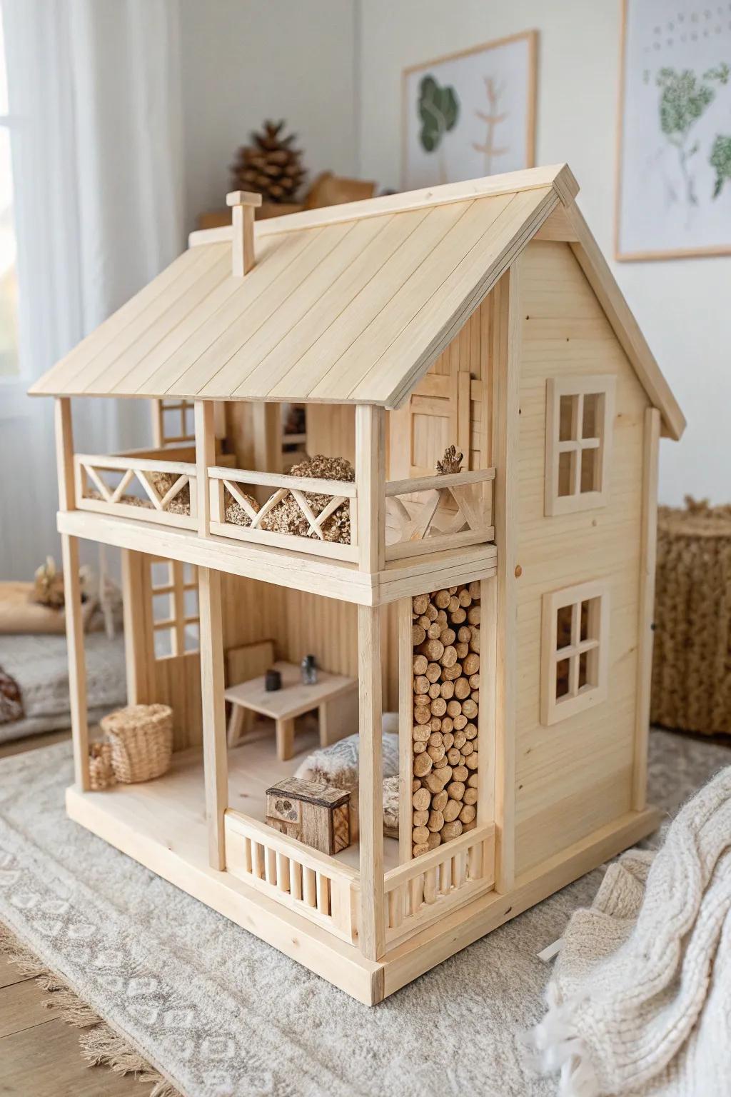 Simple pine cabin dollhouse with dowel porch rail and tiny stacked firewood—rustic and sturdy.