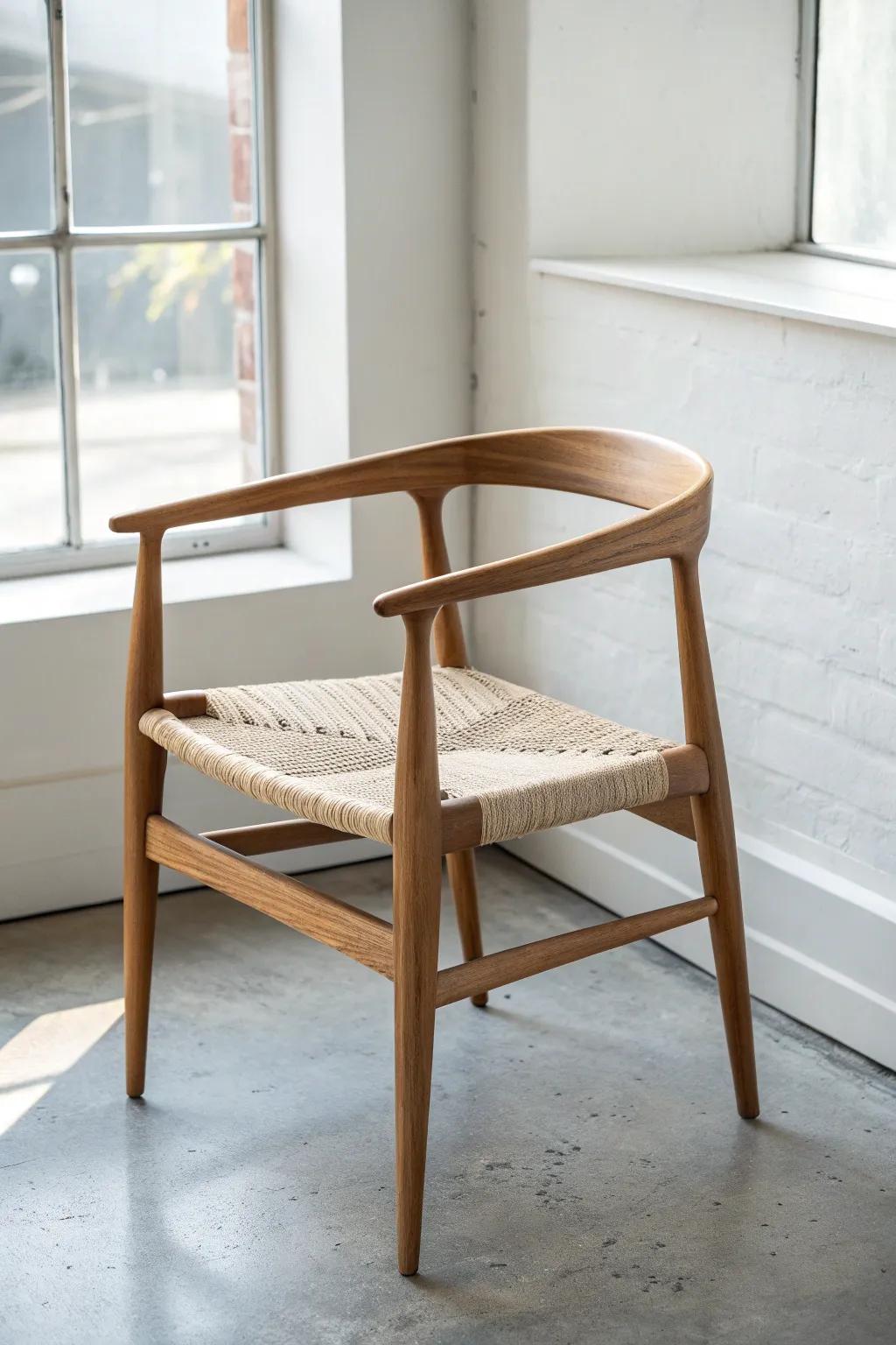 A simple curved-back guest chair in light oak—minimal comfort and support for long chats.