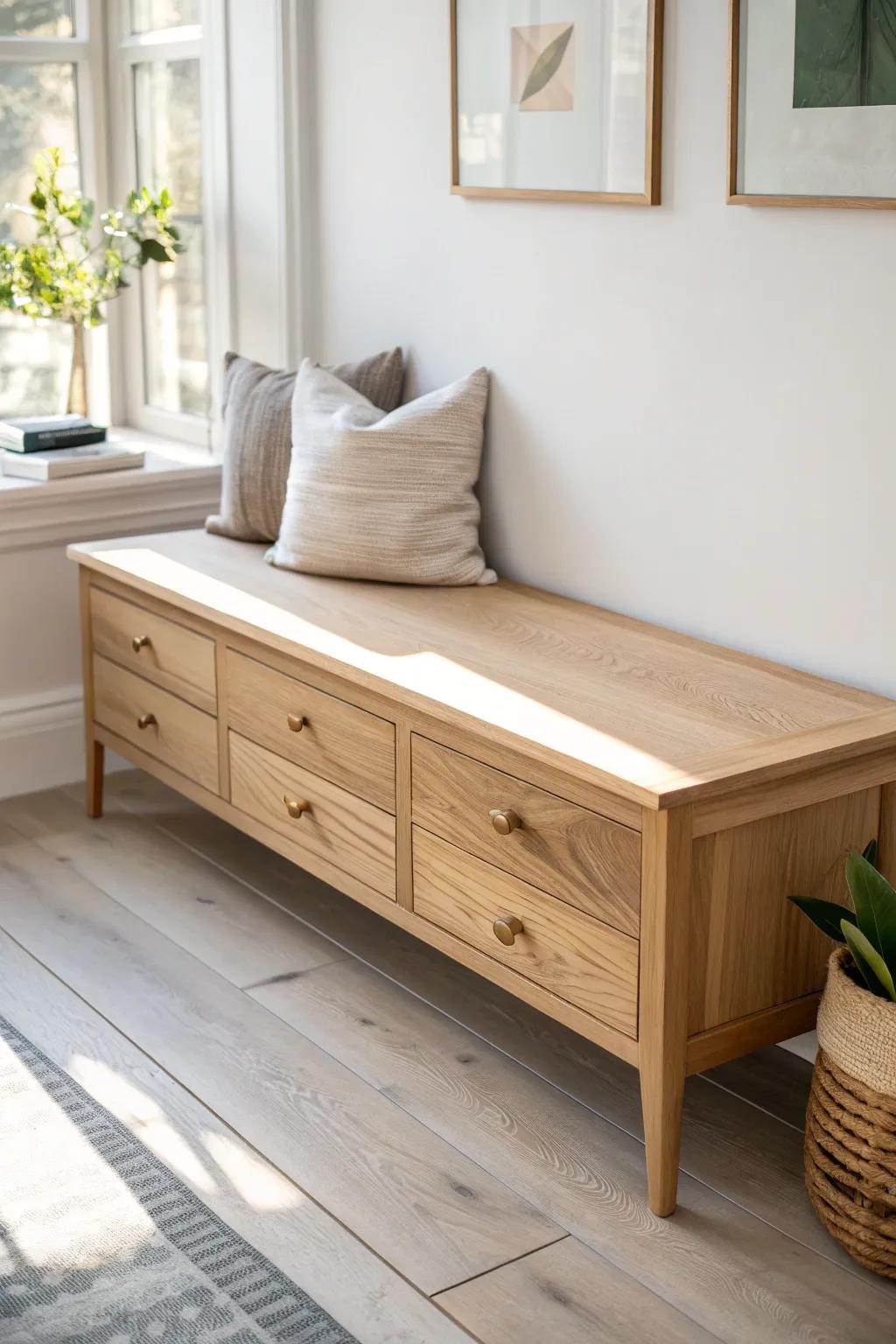 A sleek oak drawer-base nook bench—deep storage drawers with airy Scandinavian warmth.