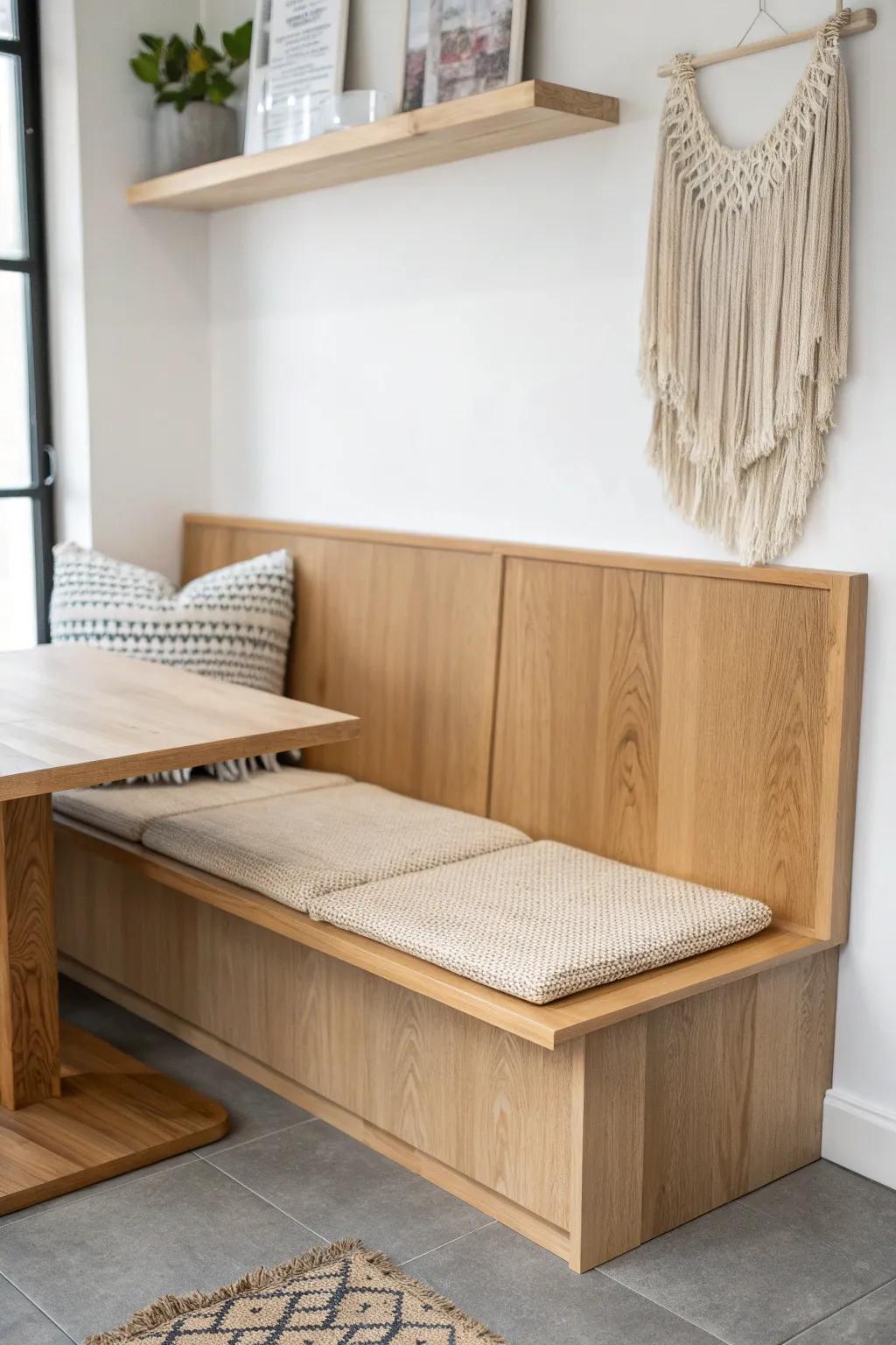 A cozy built-in booth bench in light oak—clean lines, smart storage, and warm breakroom charm.