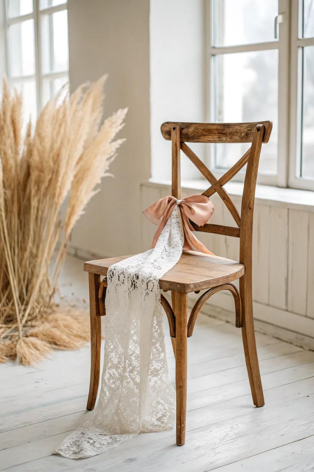 Thrifted lace + a blush ribbon turns a simple wooden chair into vintage bridal charm.