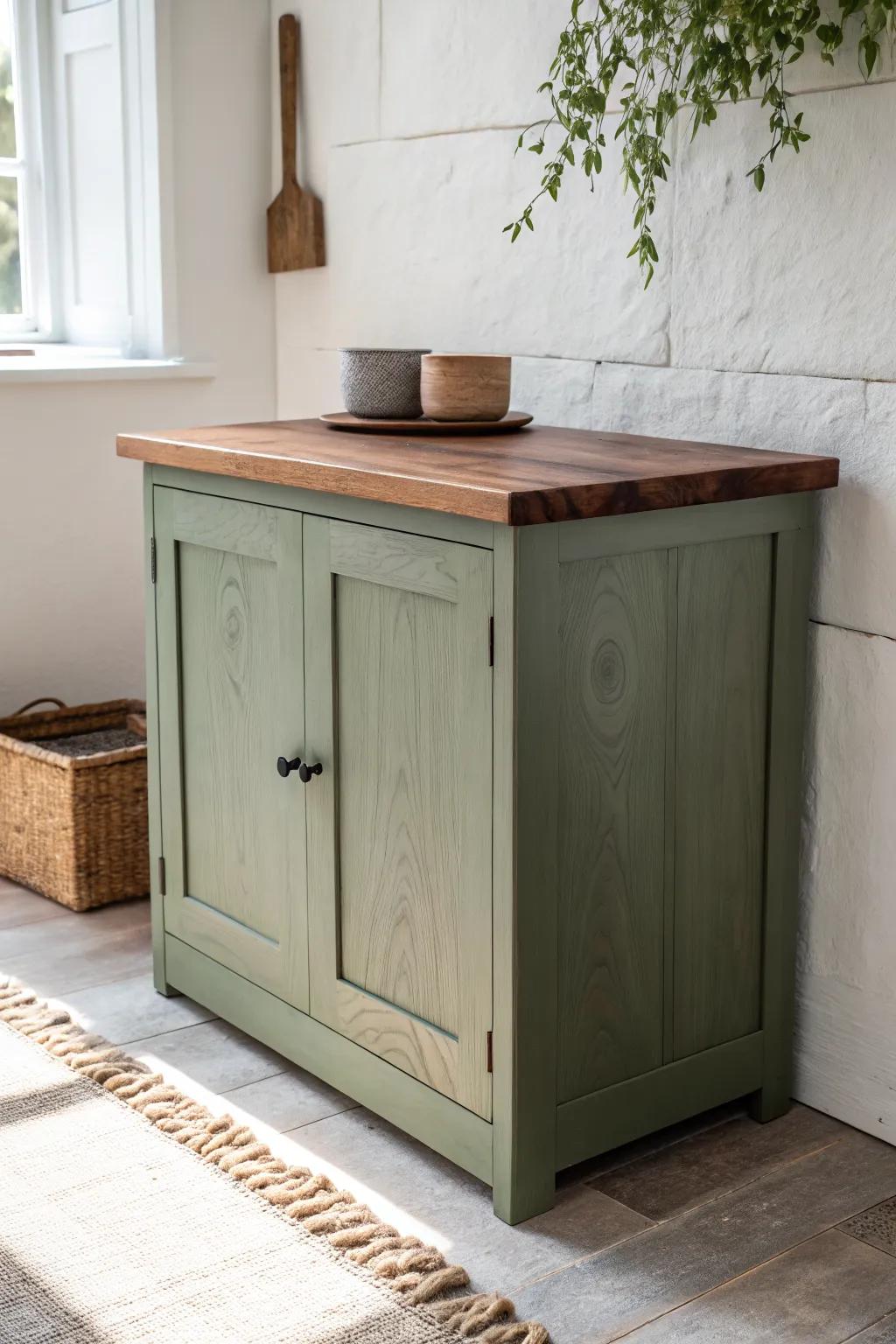 Muted green cabinets meet a warm brown countertop—grounded, calm, and effortlessly farmhouse.