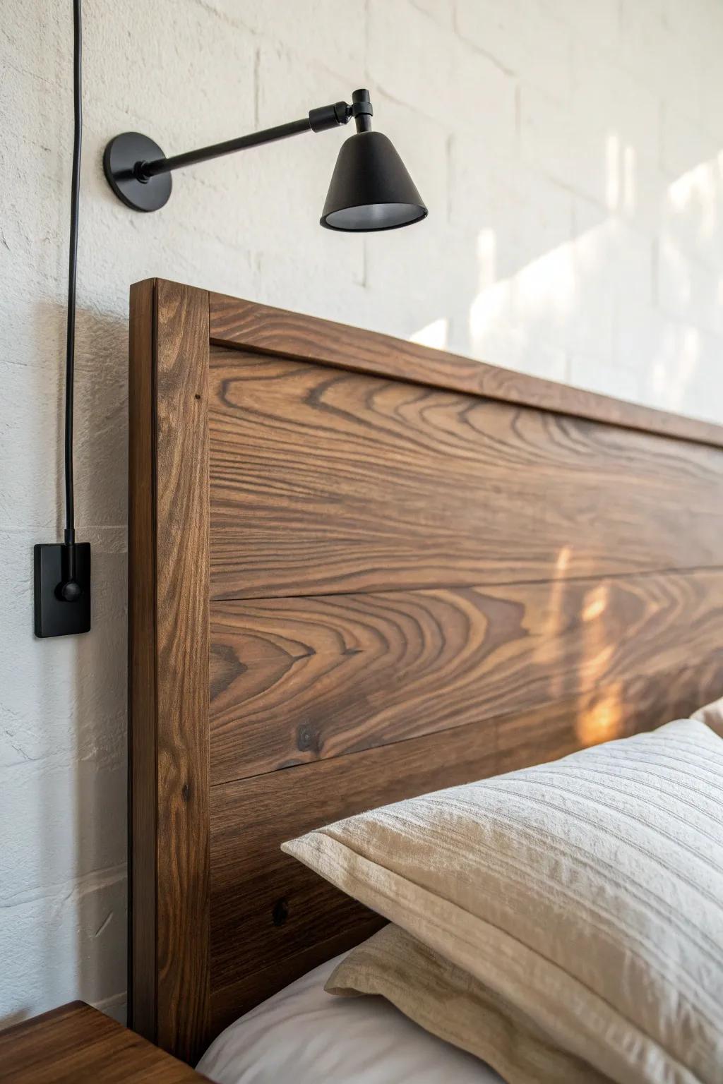 Warm walnut headboard + matte black sconce—minimal, moody contrast with cozy linen layers.