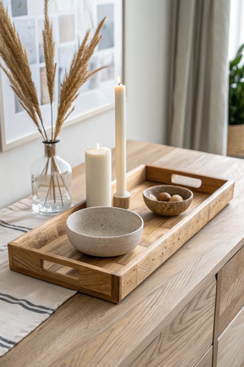 Corral candles, a tiny vase, and a bowl on a wood tray for a calm, tidy buffet moment.