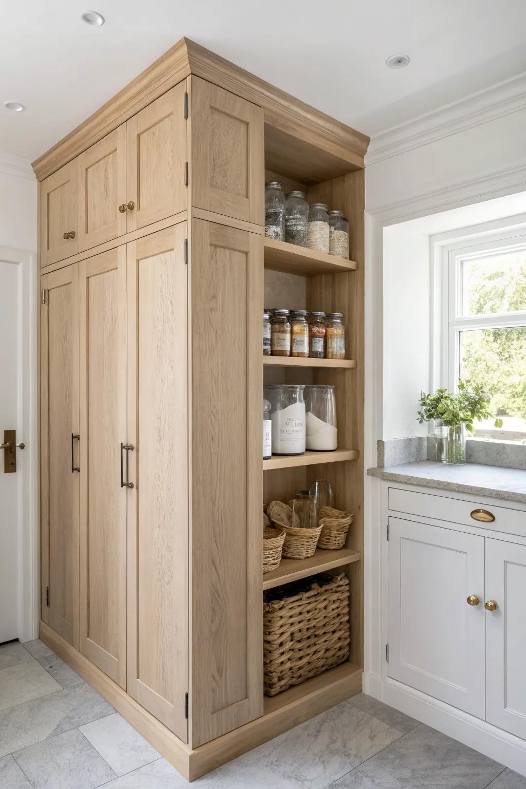 Floor-to-ceiling corner pantry built-in: warm oak, slim upper shelves, deep storage below.