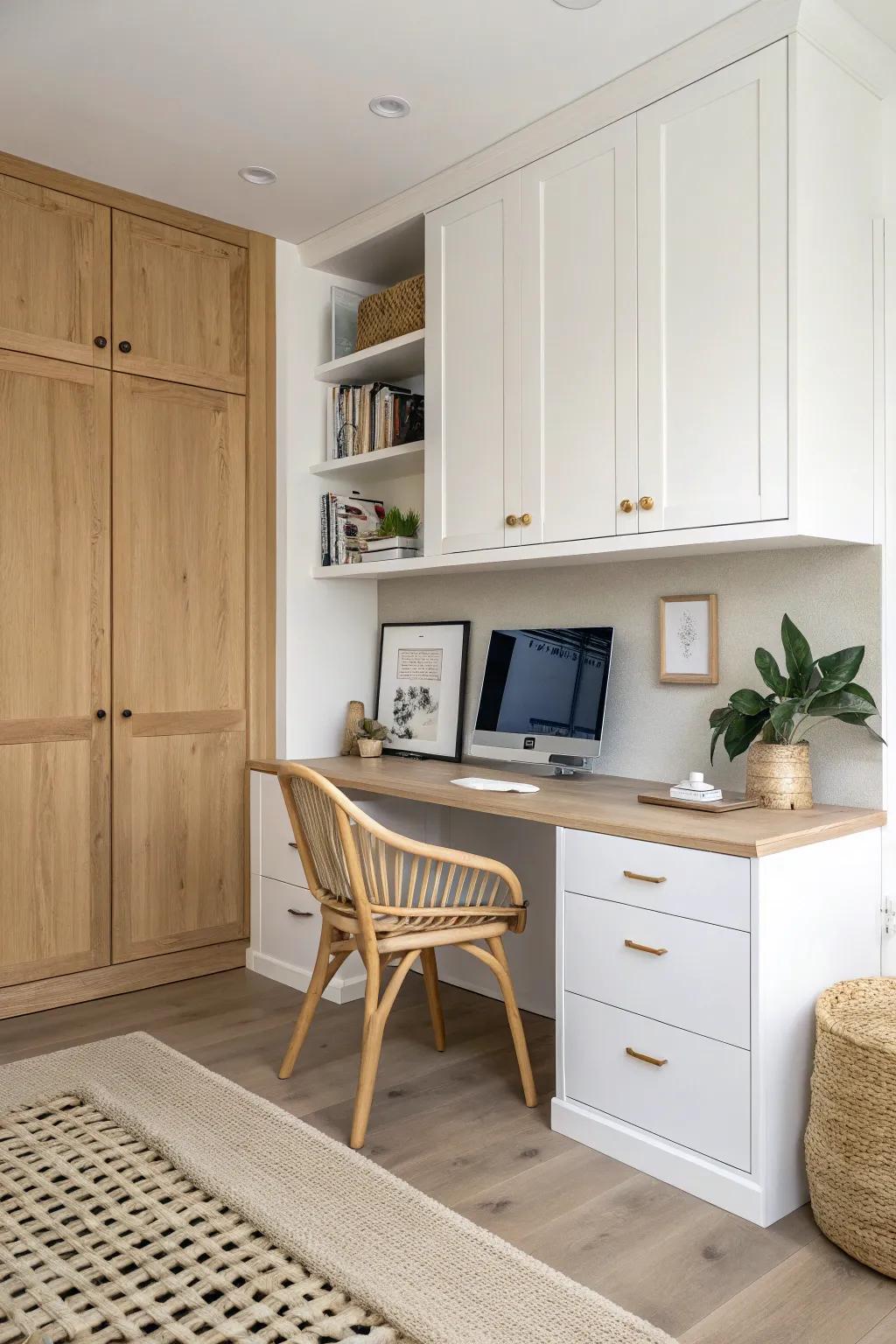 Built-in corner desk with sleek upper cabinets—hidden storage that keeps your workspace serene.