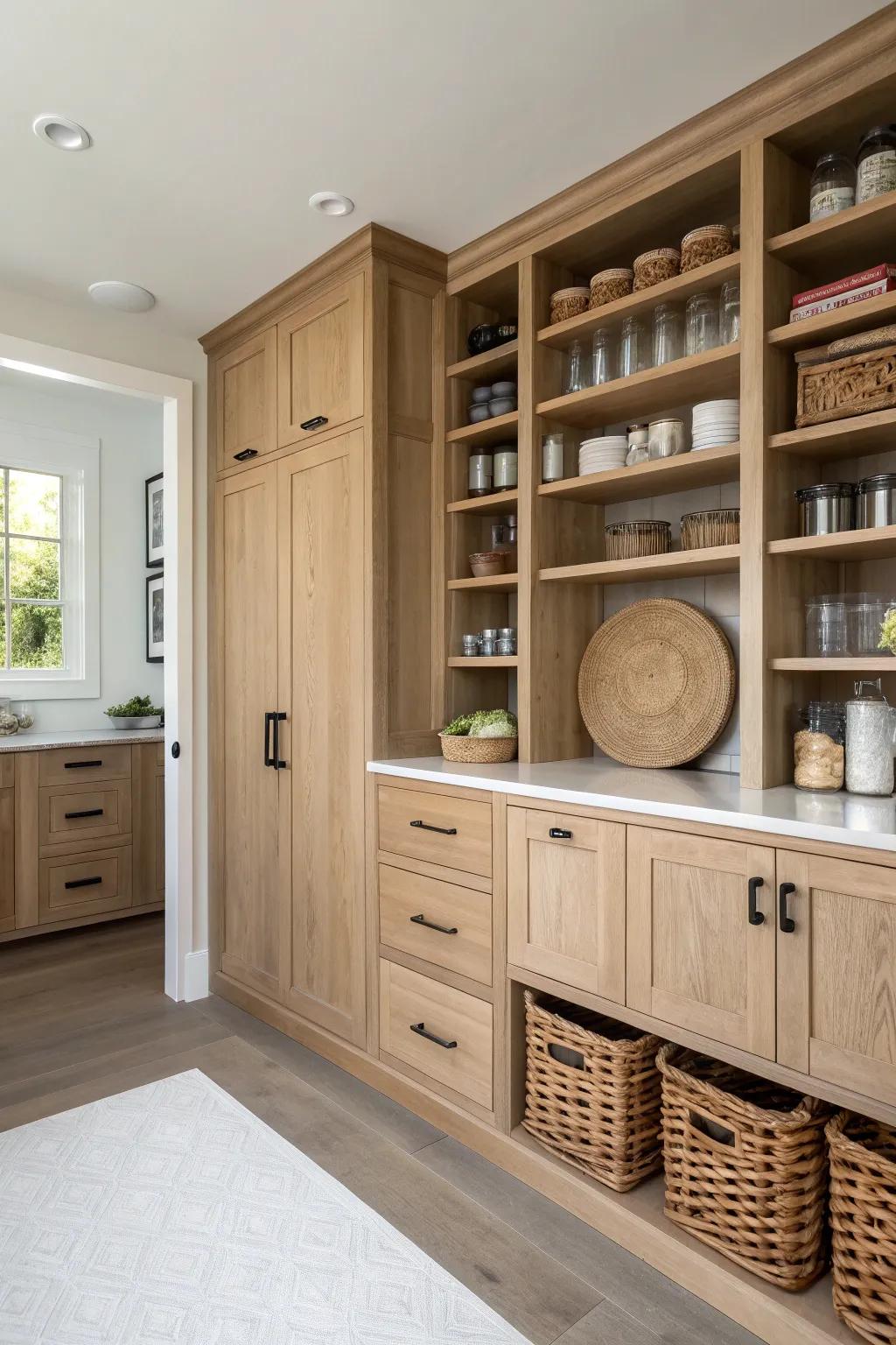 U-shaped walk-in pantry built-ins: deep lower cabinets, airy open shelves, clear walkway.