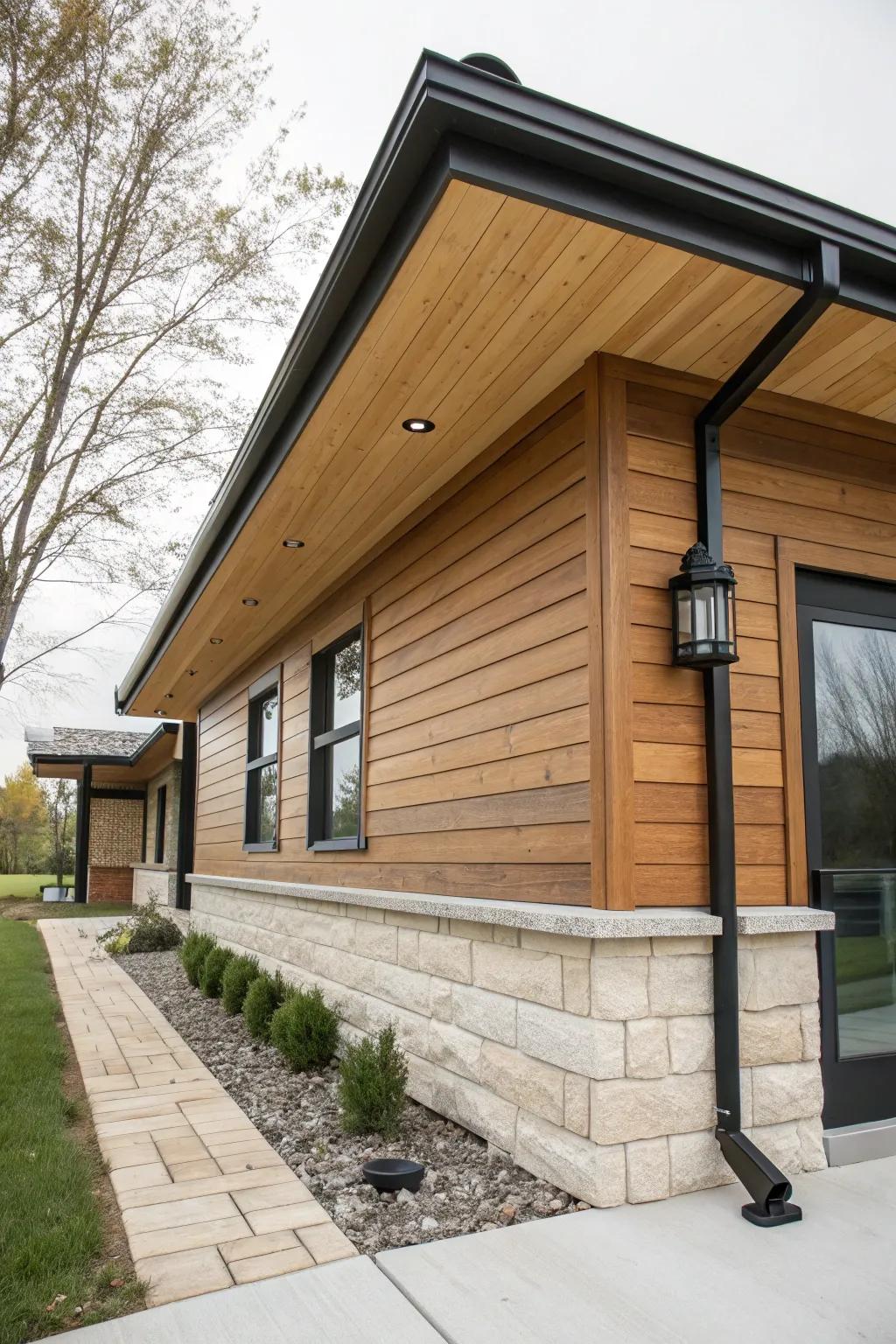 Mixed wood siding and stone base: a simple bungalow facade detail with crafted contrast.