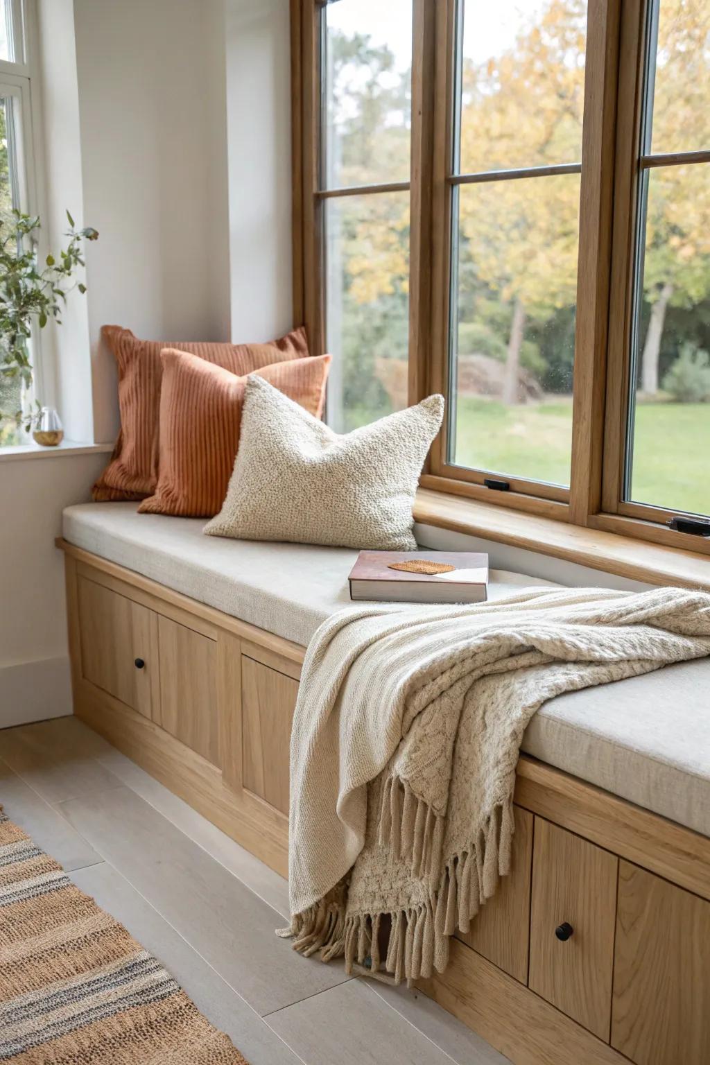 Cozy bungalow window seat with hidden storage—light oak, linen cushion, and warm morning glow.