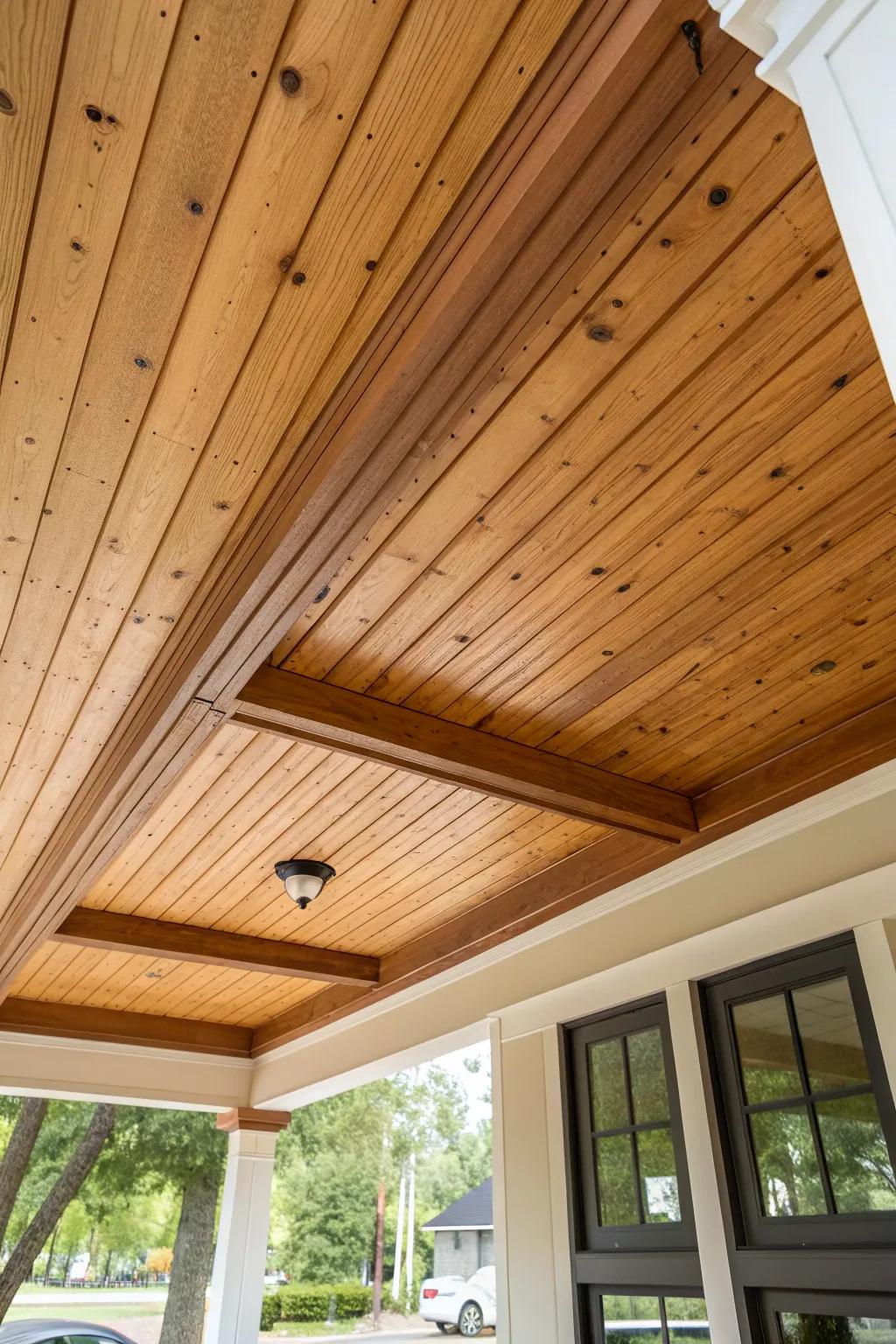Warm wood plank porch ceiling with creamy beadboard and a stained beam for cozy bungalow charm.