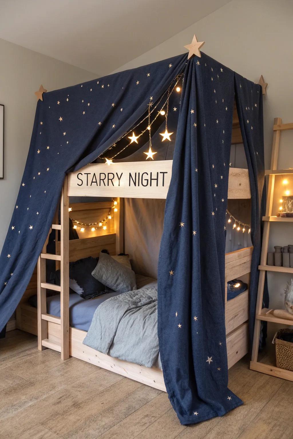 Deep blue starry canopy turns a simple wooden bunk into a calm, photo-ready night-sky fort.