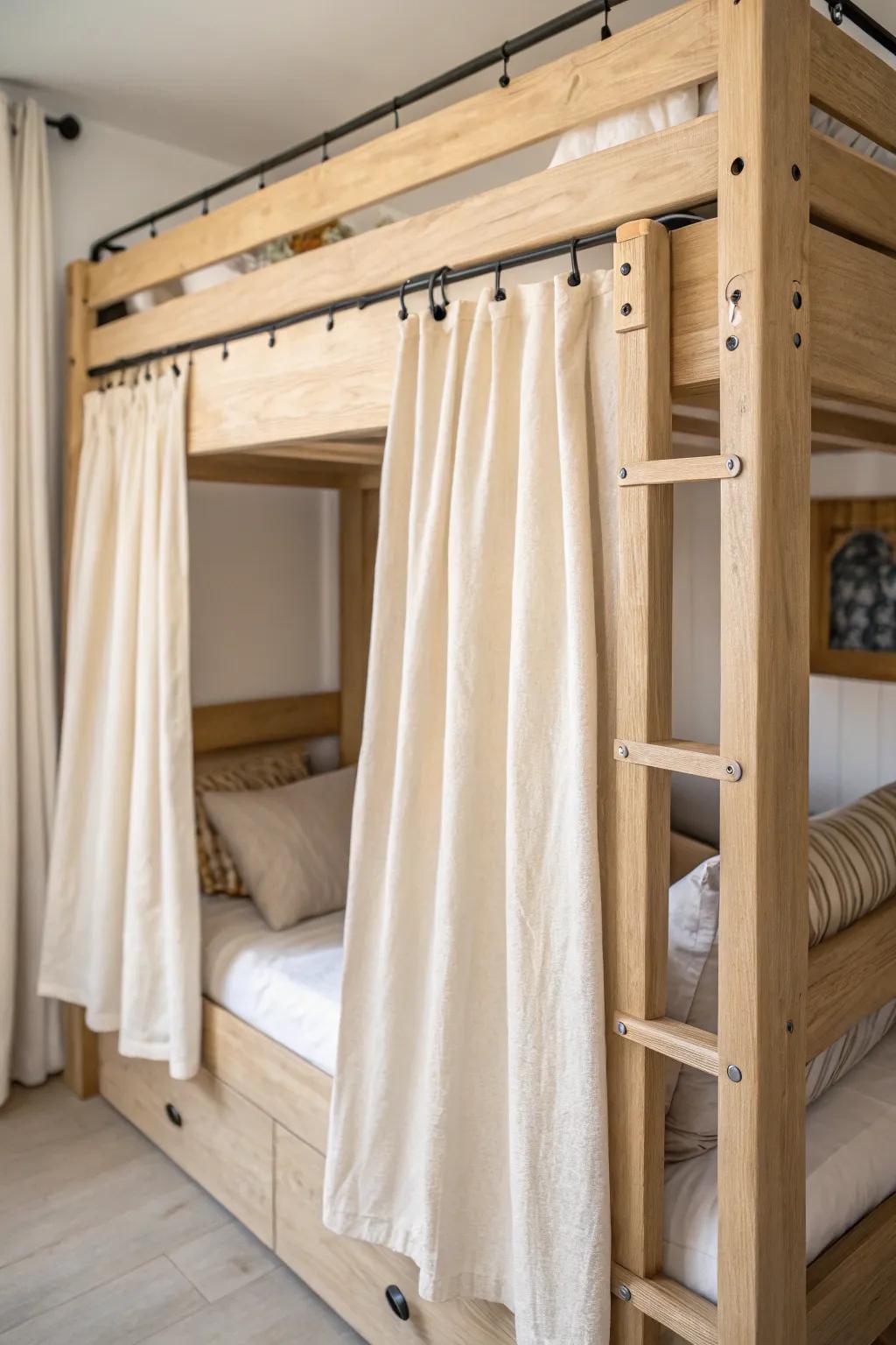 Canvas curtain panels turn the lower bunk into a cozy, private hideout in seconds.