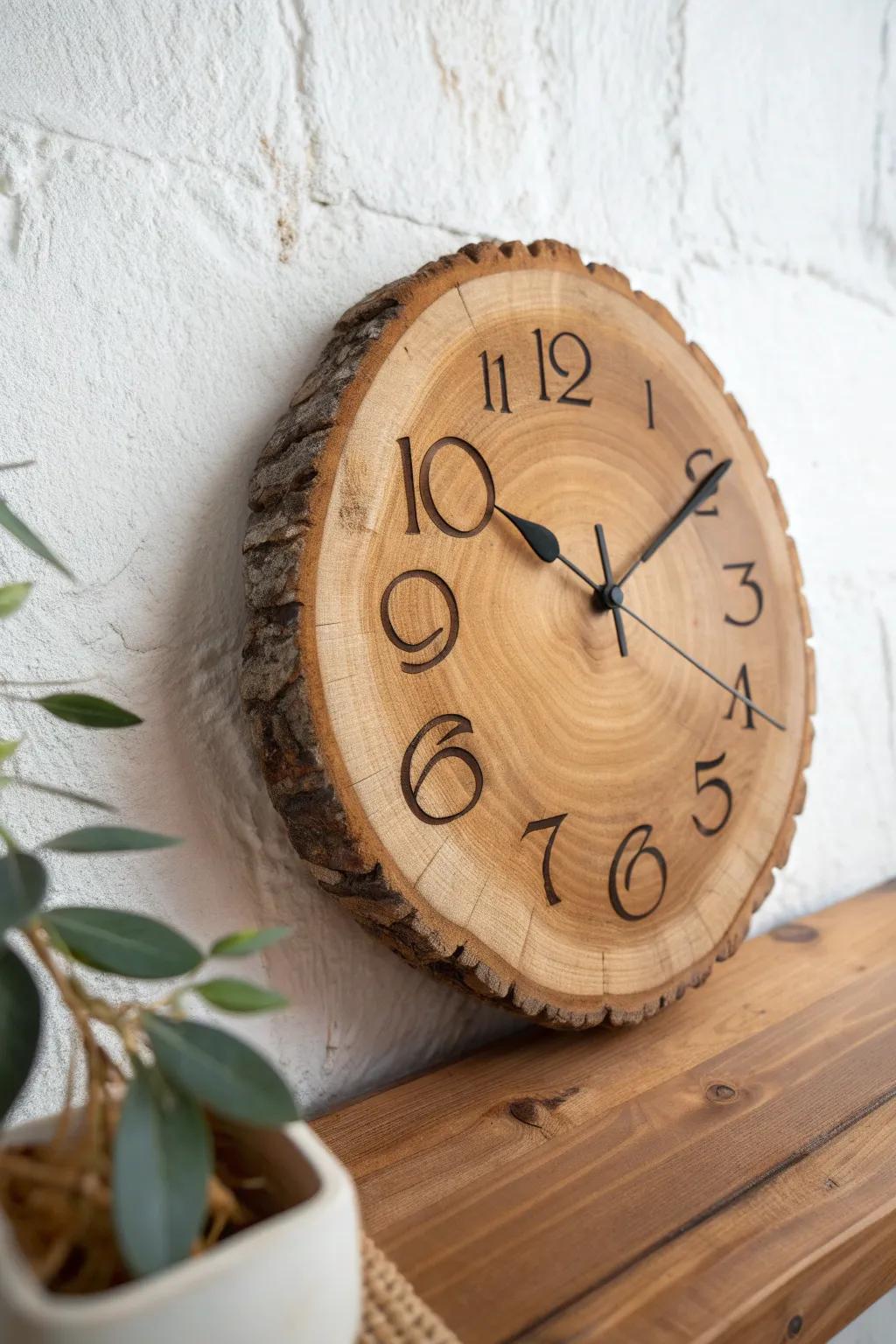 Live-edge clock face with burnt-in numbers—minimal, warm, and easy to read at a glance.