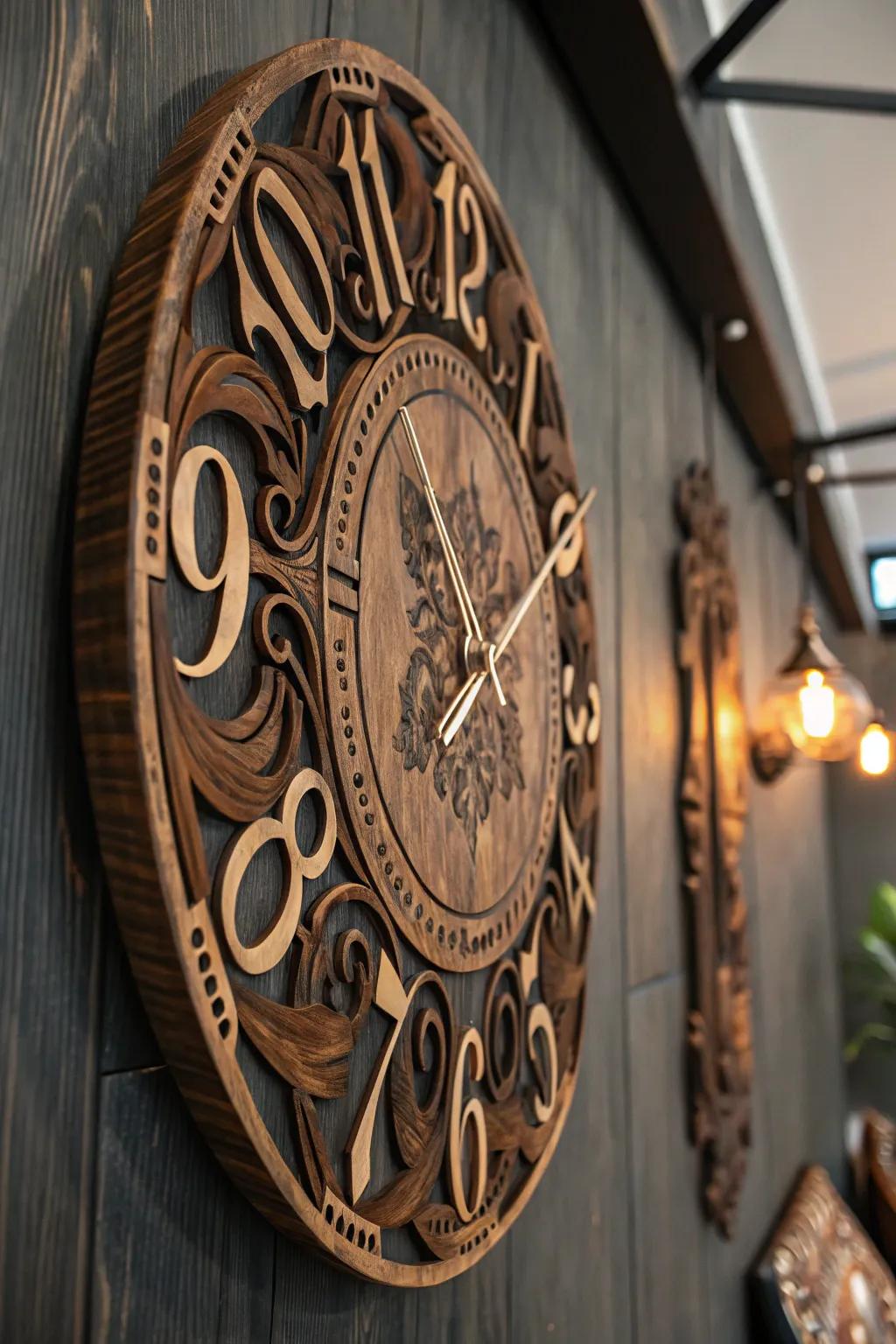 Ticking elegance: A burnt wood clock that transforms time into art.