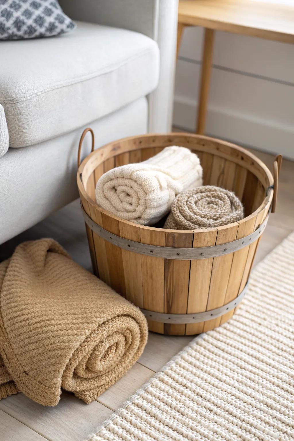Rolled throws in a slatted bushel basket—cozy storage that looks like decor by the sofa.