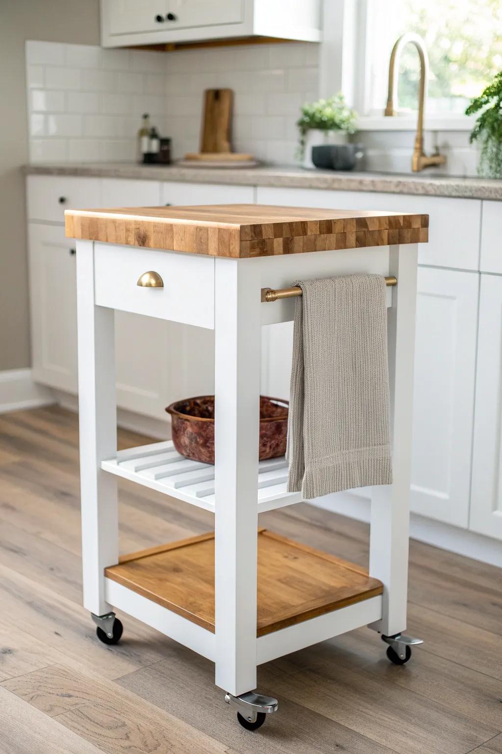 Slim rolling butcher block cart—extra prep space, towel bar + hooks, perfect for tight kitchens.
