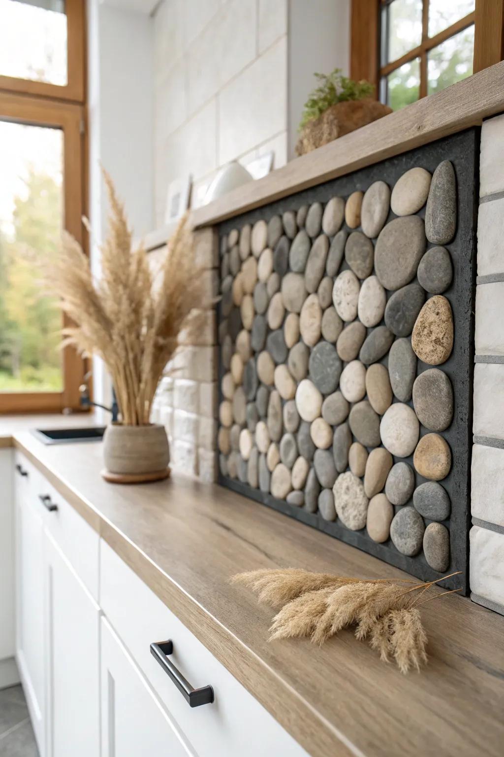 River rock pebble mosaic with deep grout—cabin backsplash that feels like a creek bed indoors.