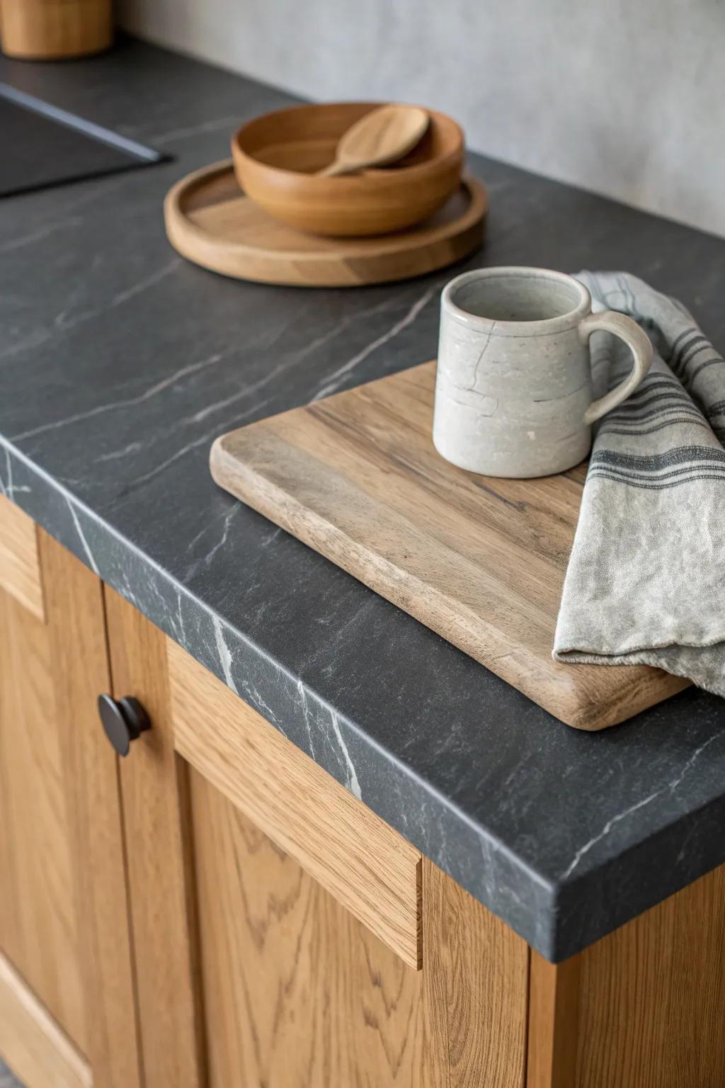 Matte soapstone-look counter + warm wood for a moody, lived-in cabin kitchen moment.