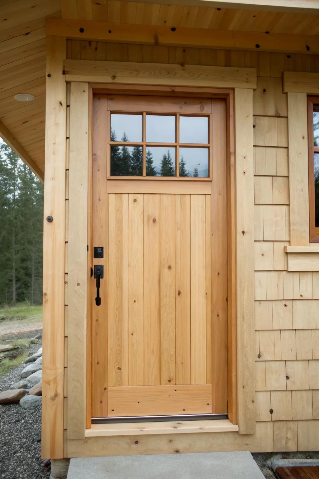Cabin-chic door: warm wood, black hardware, and a divided-lite window that brightens the entry.