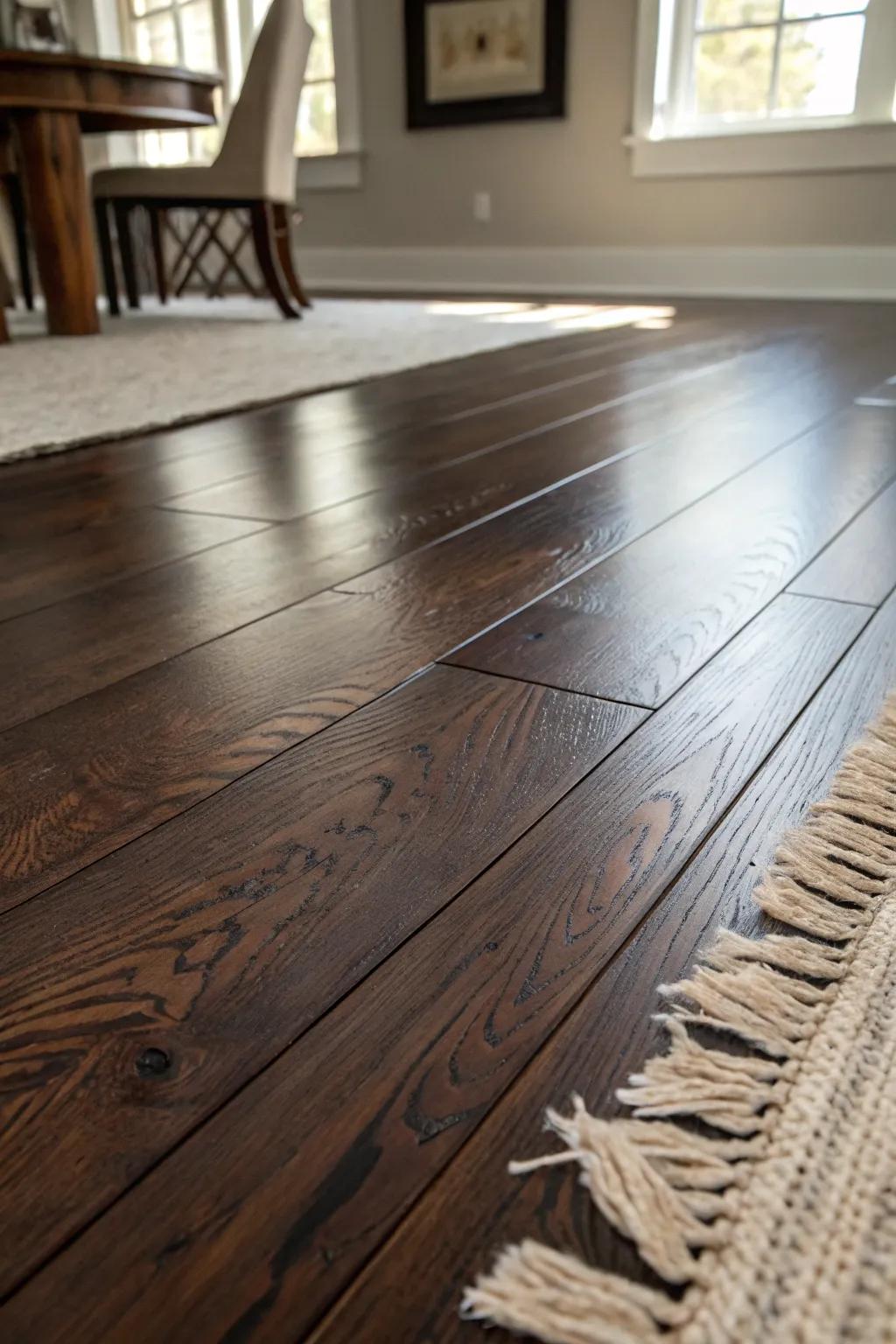 Deep espresso-stained planks anchor tall cabin rooms and make soft rugs feel intentional.