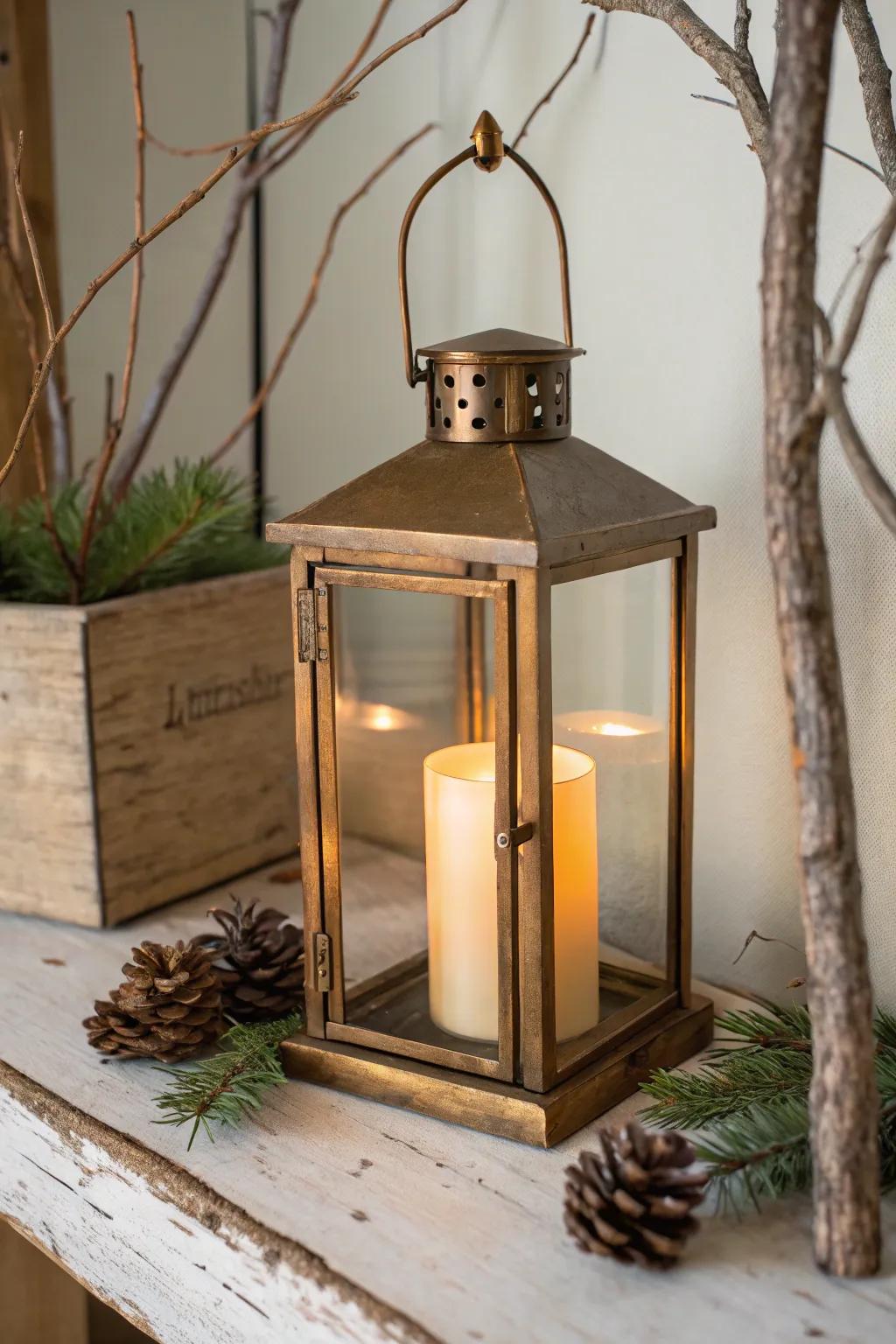 A vintage lantern glow on the mantel—cozy cabin warmth, even when the fireplace is off.