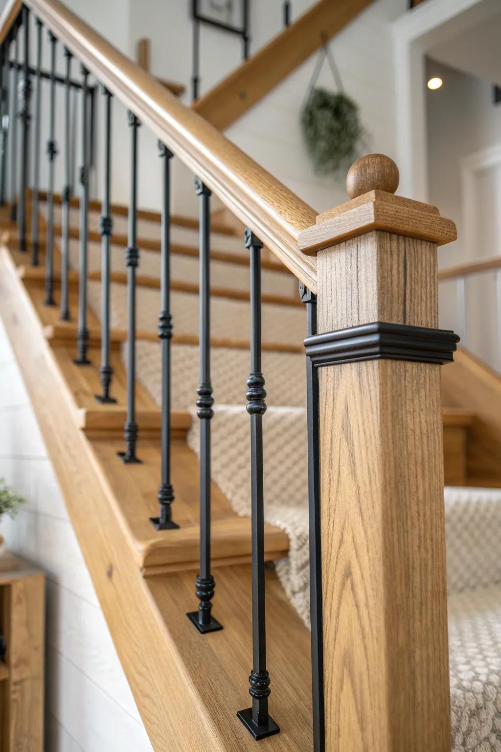 Black metal balusters + warm wood rail: the clean cabin stair detail that feels cozy and modern.