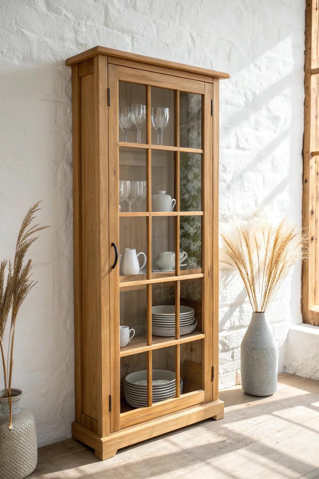 Light oak grid glass cabinet door—airy, handcrafted style that brightens and expands a kitchen.