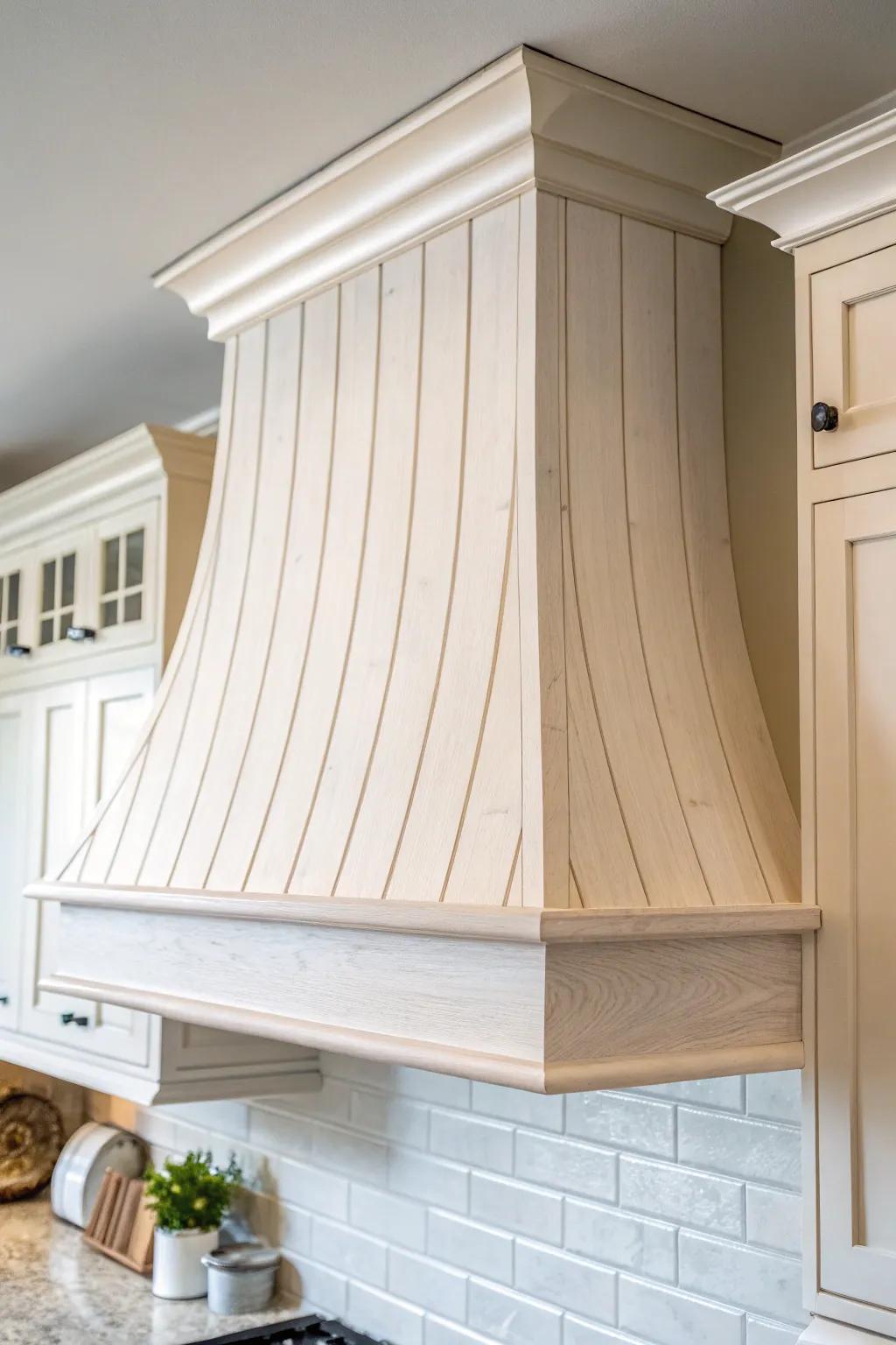 Shiplap-planked hood cover with soft grooves and crisp contrast for cozy farmhouse texture.