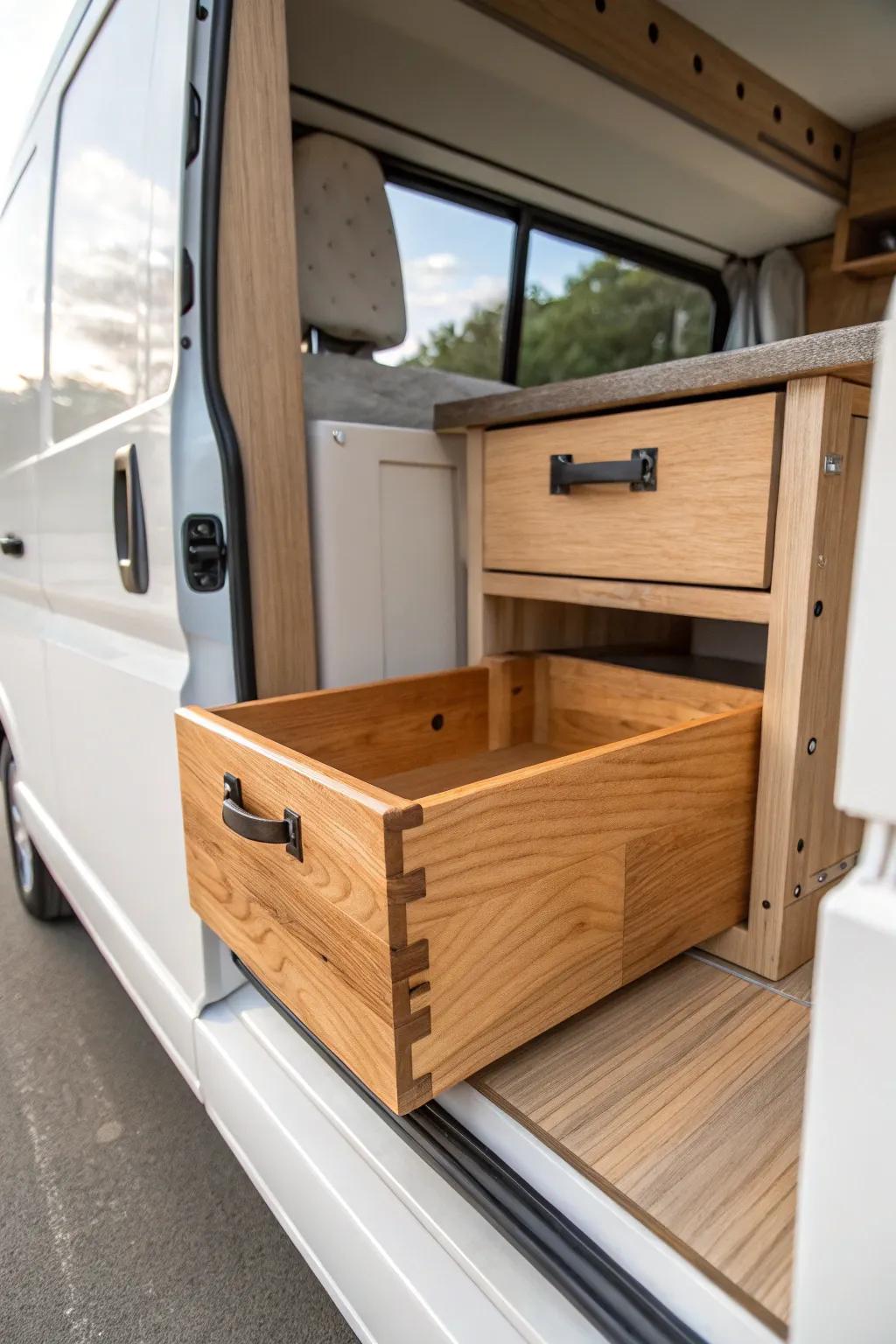 A simple pull-out wooden crate turns deep camper cabinets into easy, no-lost storage.