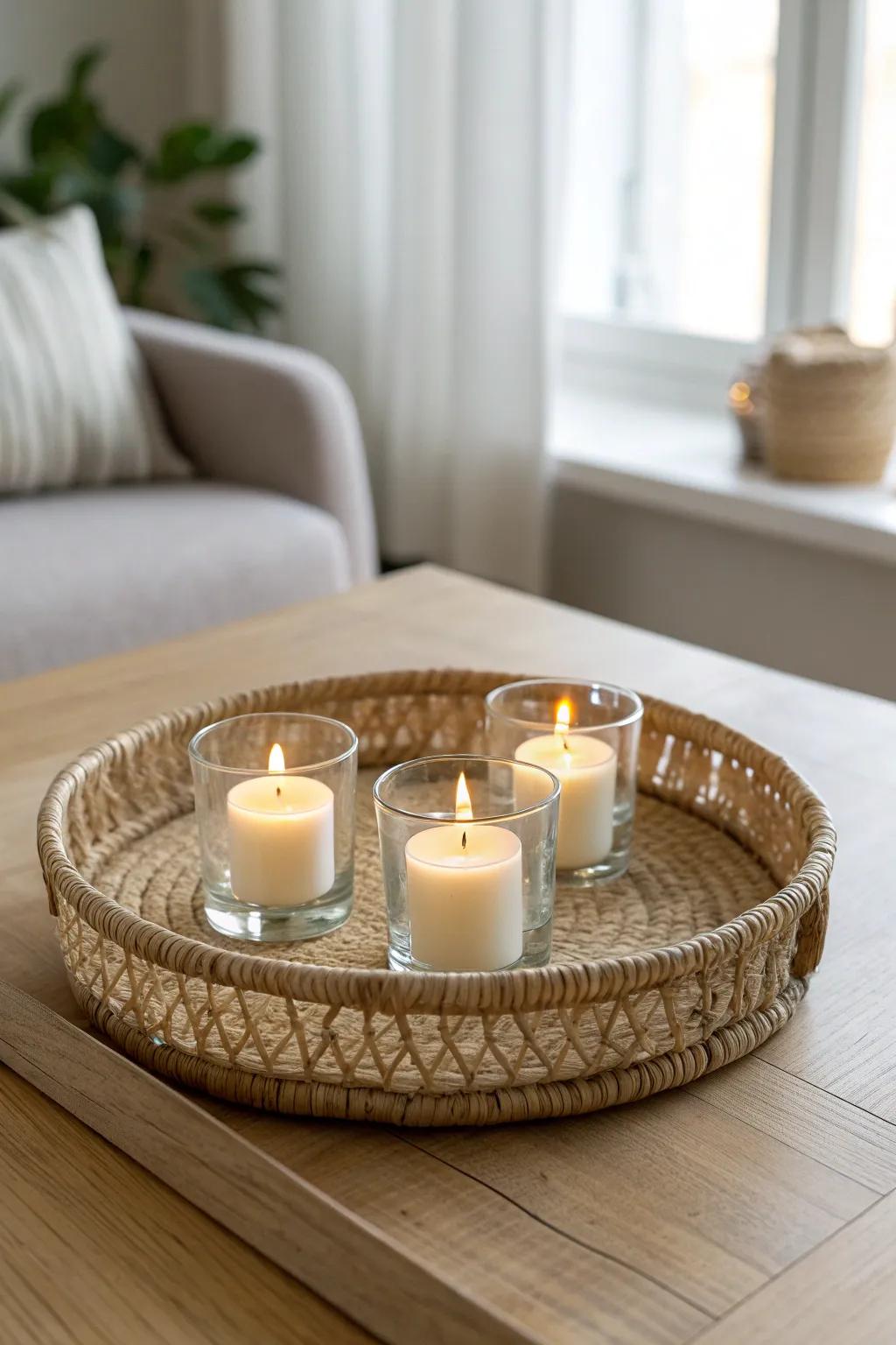 Soft texture meets warm glow: a woven tray with simple glass votives for cozy minimal decor.