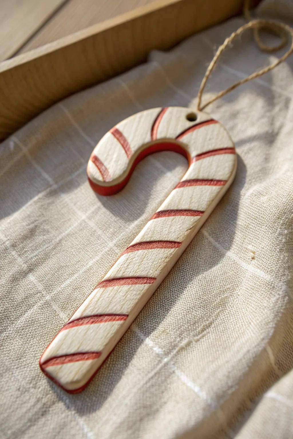 Scroll-sawn wooden candy cane ornament with hand-painted stripes—simple, cozy, and crafted.