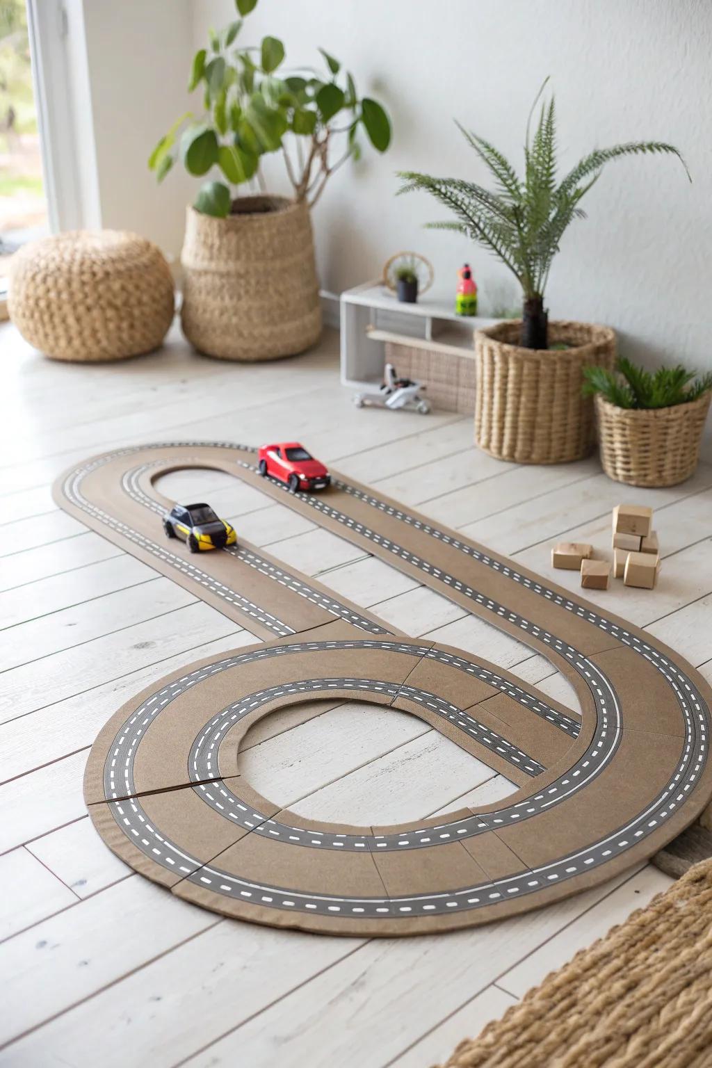 Crafted for endless fun: Let your imagination race with this DIY cardboard racetrack, perfect for little drivers and big smiles!