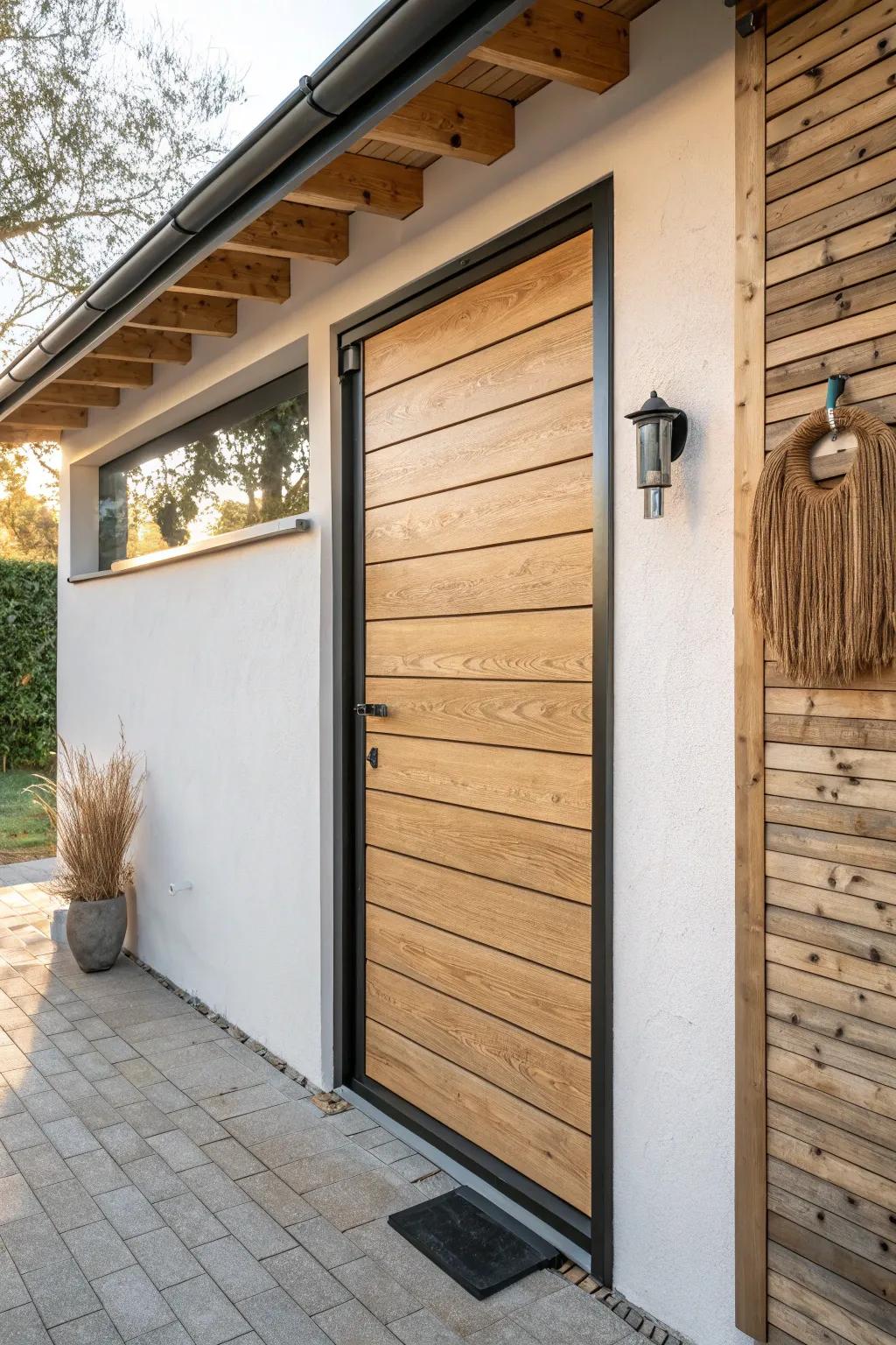 Horizontal slat privacy door: airy, handcrafted wood that hides clutter without darkening.
