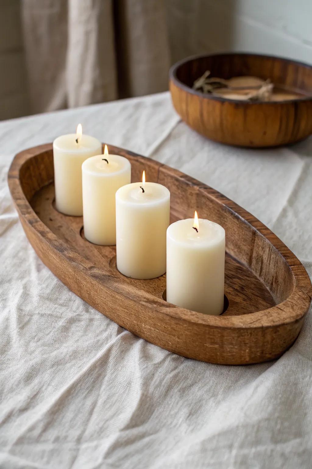 Reclaimed wood Advent candle tray with hidden metal liner—beautiful, simple, and wax-safe.