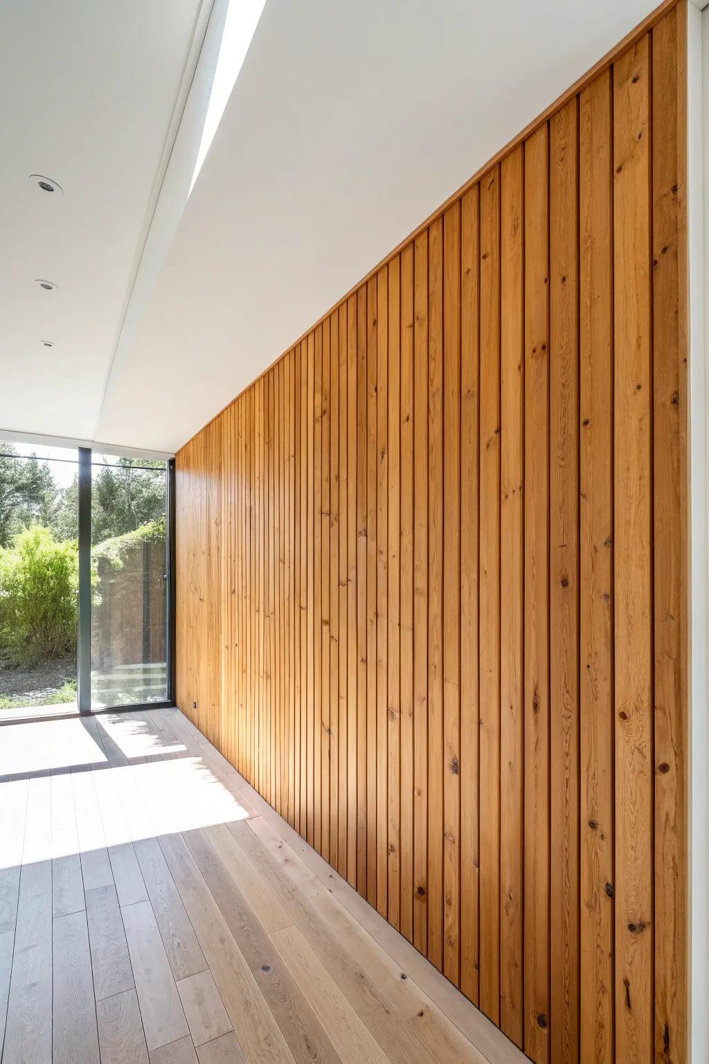 Vertical cedar planks pull the eye upward—an elegant trick to make low ceilings feel taller.