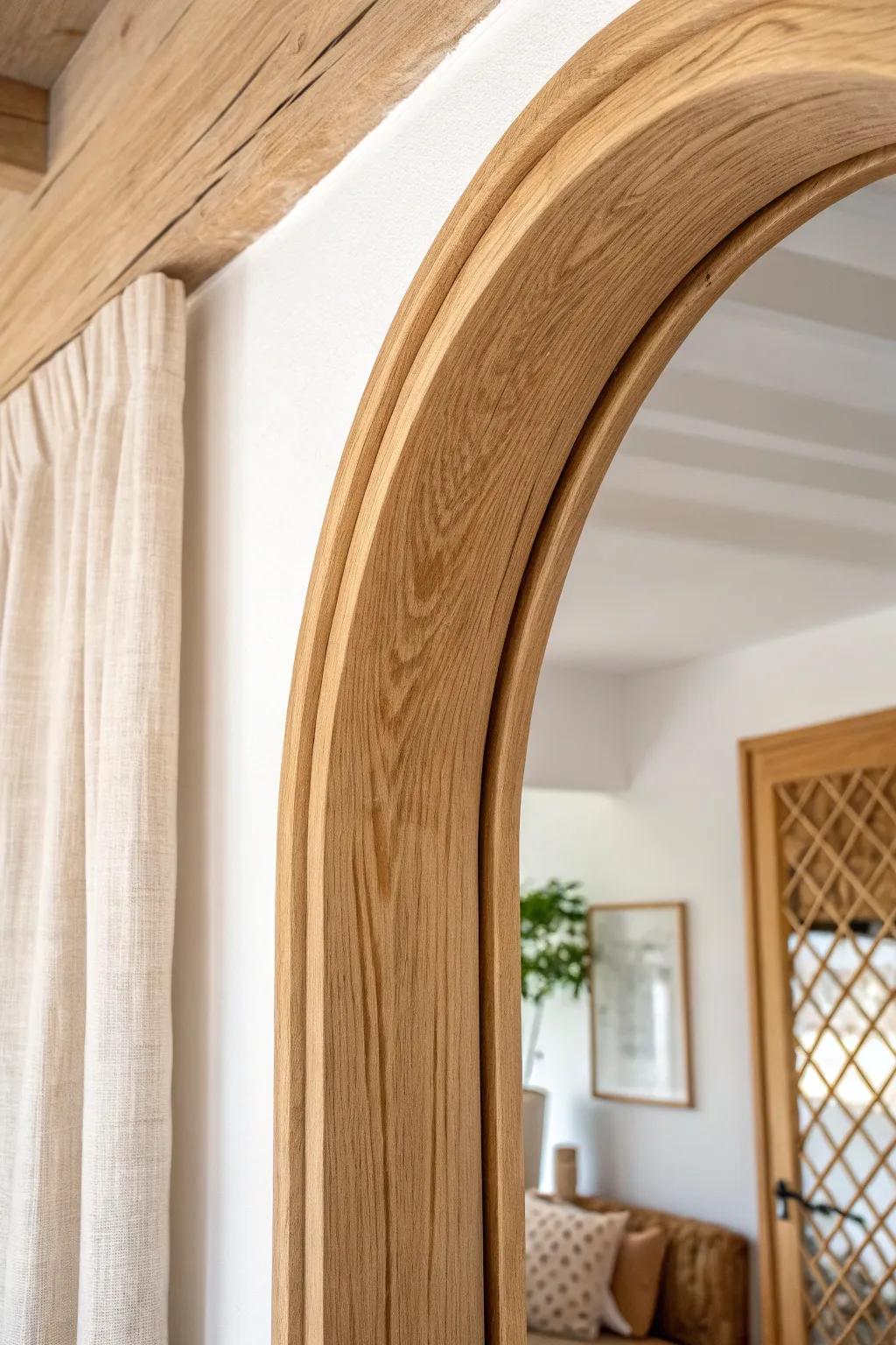 A soft oak arch makes a ceiling-height transition feel seamless, warm, and beautifully crafted.