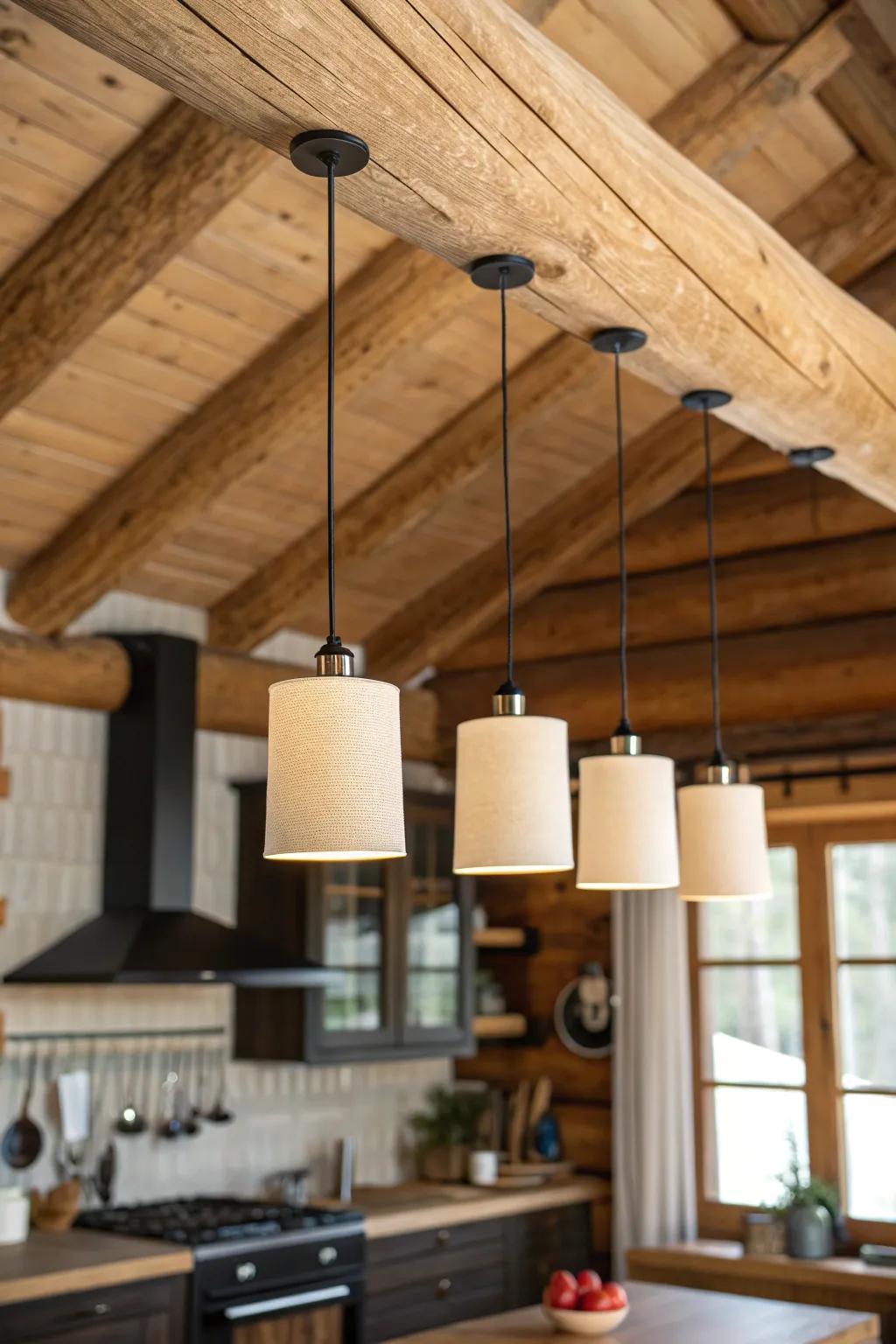 Three simple pendants on one beam bring calm, organized task light to a vaulted log ceiling.
