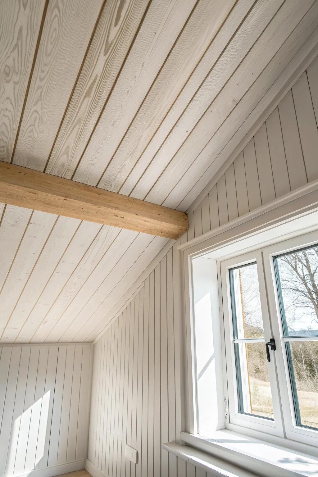 A clean shiplap-to-drywall ceiling transition finished with one simple oak trim break.
