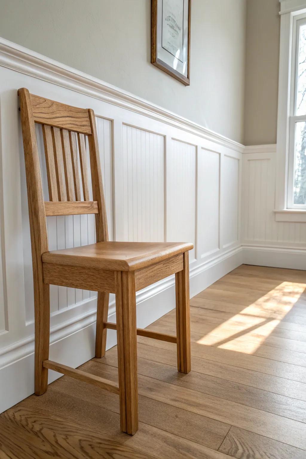 Natural oak chair rail capping beadboard wainscoting for a polished, cozy entryway look.