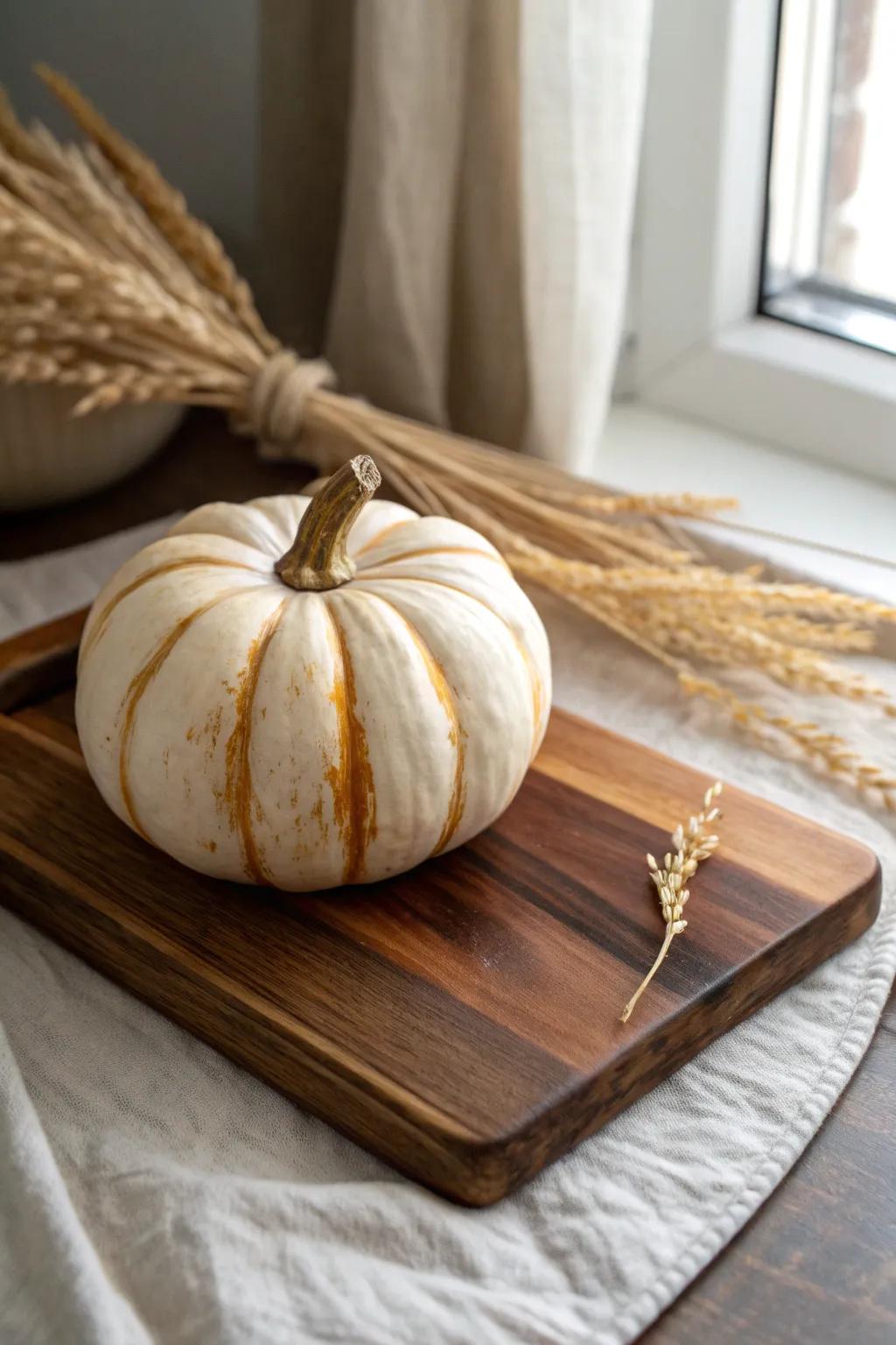 Neutral painted pumpkin with visible brush strokes—budget-friendly farmhouse fall decor, beautifully handmade.