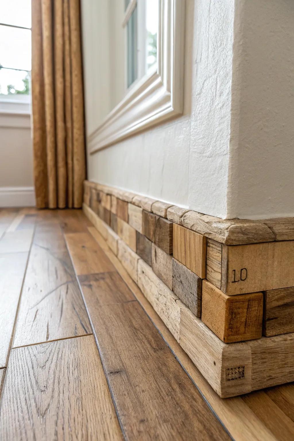 Pallet wood patchwork baseboard—mixed tones for a rustic look that feels intentional and chic.
